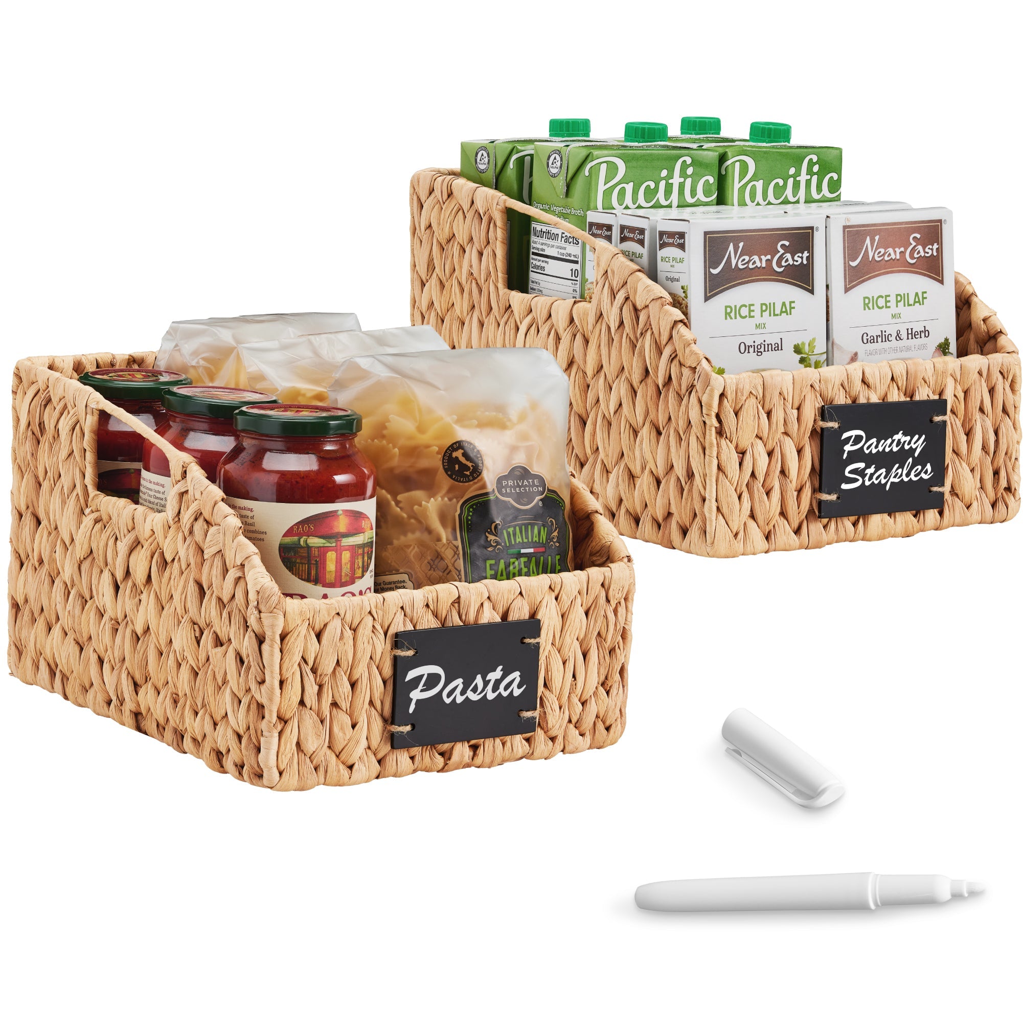 Hyacinth Angled Pantry Storage Baskets W/ Handles & Chalkboard (Pack of 2) - Natural