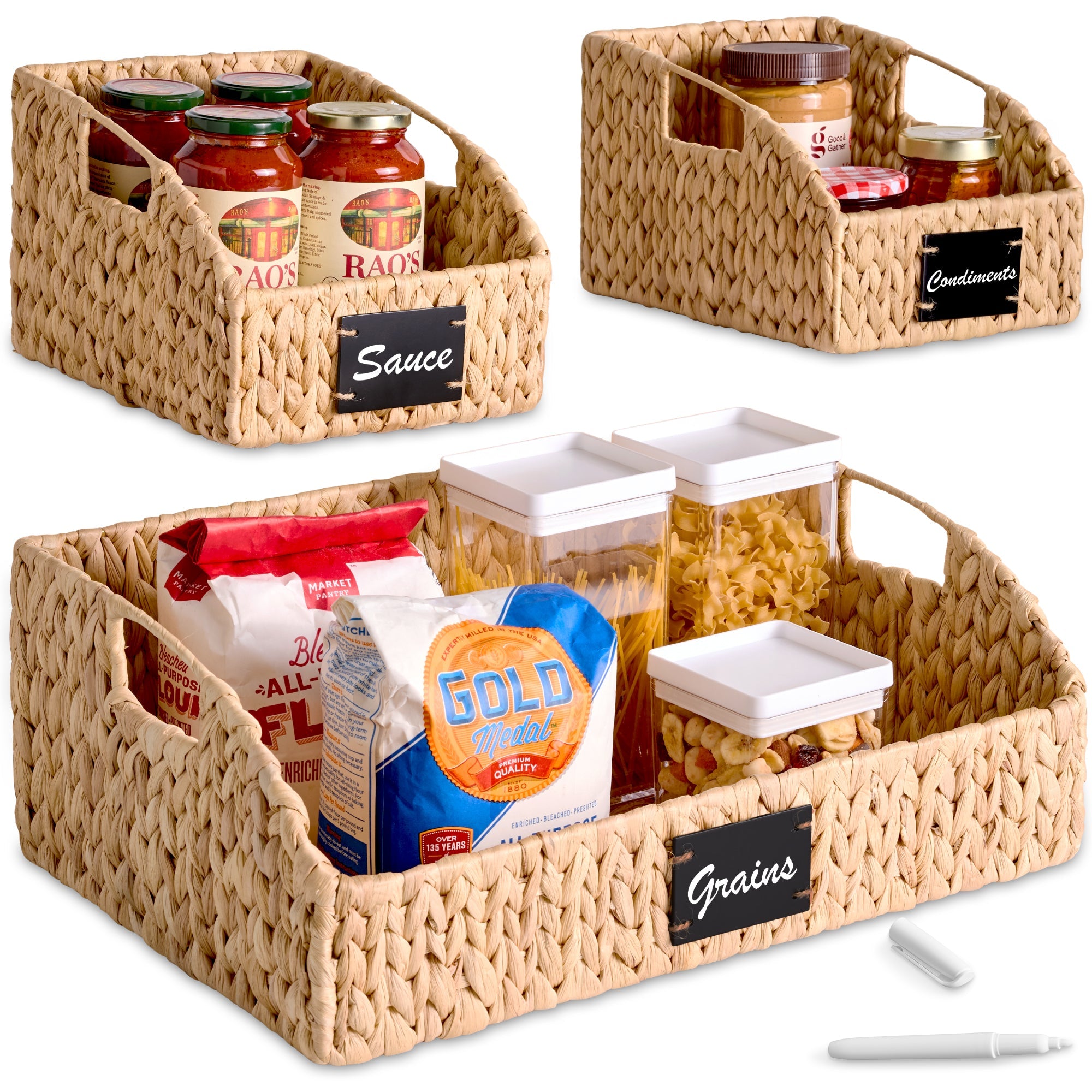 Hyacinth Angled Pantry Storage Baskets W/ Handles & Chalkboard (Set of 3) - Natural