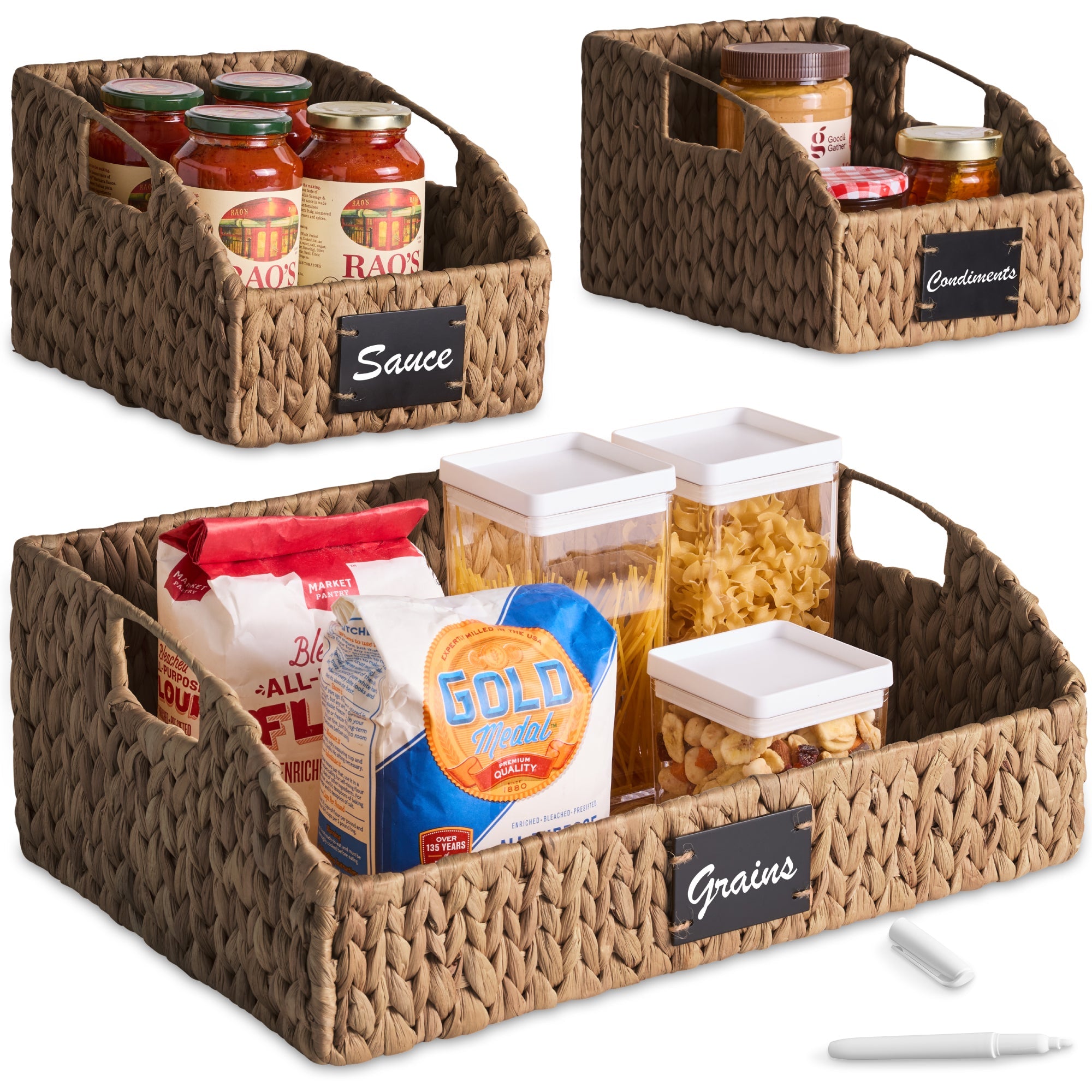 Hyacinth Angled Pantry Storage Baskets W/ Handles & Chalkboard (Set of 3) - Chestnut