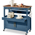 36in Large Rolling Kitchen Island Cart, 2-Door Cabinet, Outlet, & Wheels - Slate Blue