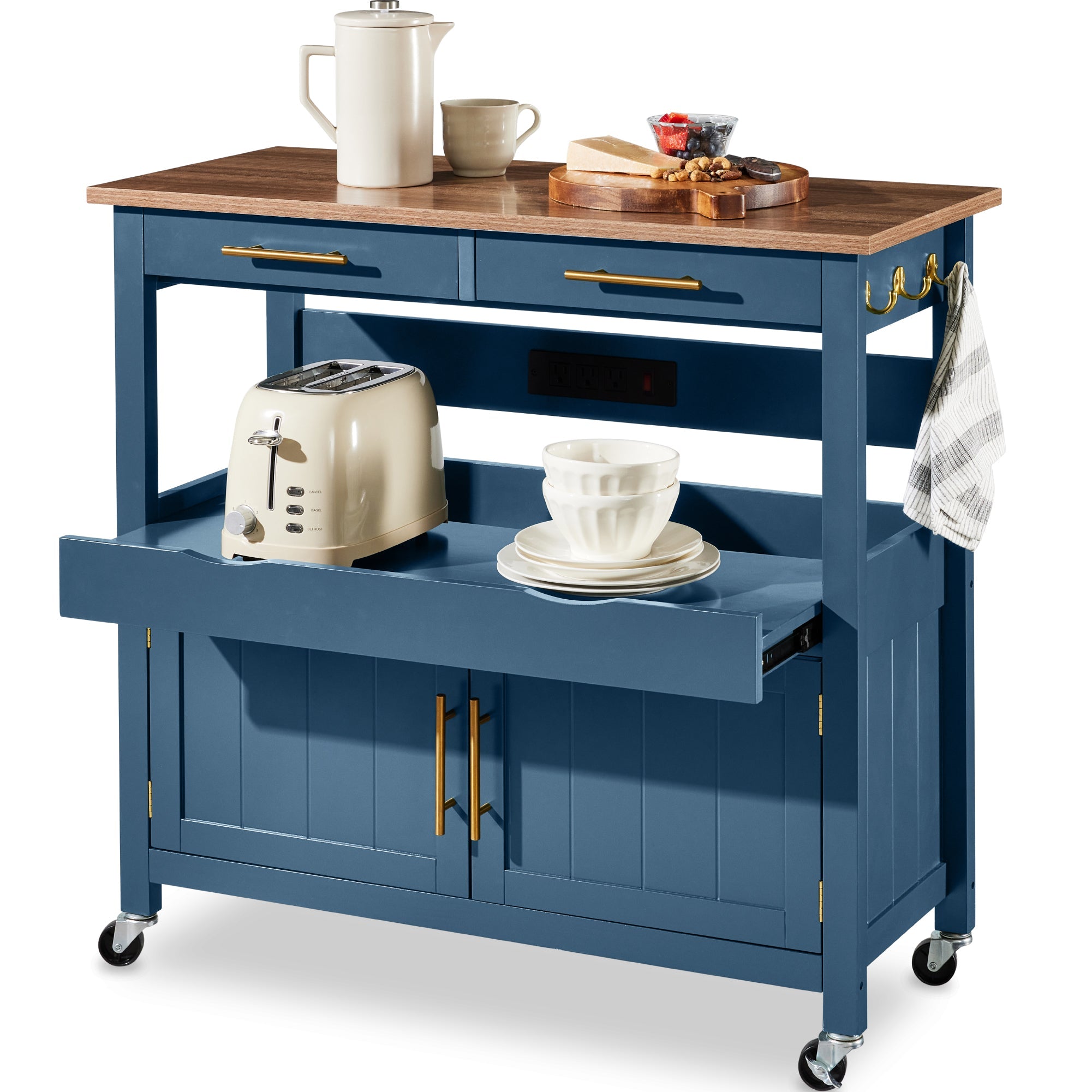 36in Large Rolling Kitchen Island Cart, 2-Door Cabinet, Outlet, & Wheels - Slate Blue