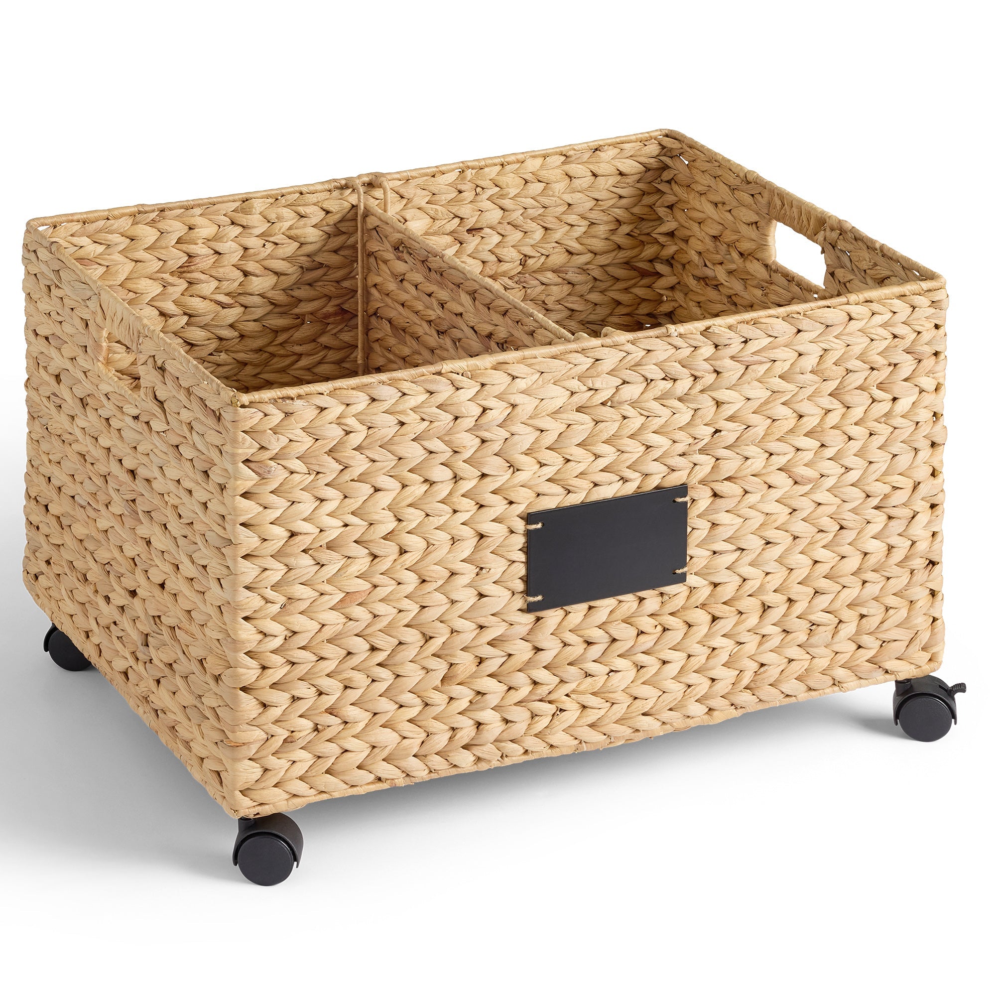 Rolling Pantry Storage Basket Organizer W/ Chalkboard Label, Handles, Removable Divider - Chestnut - Natural