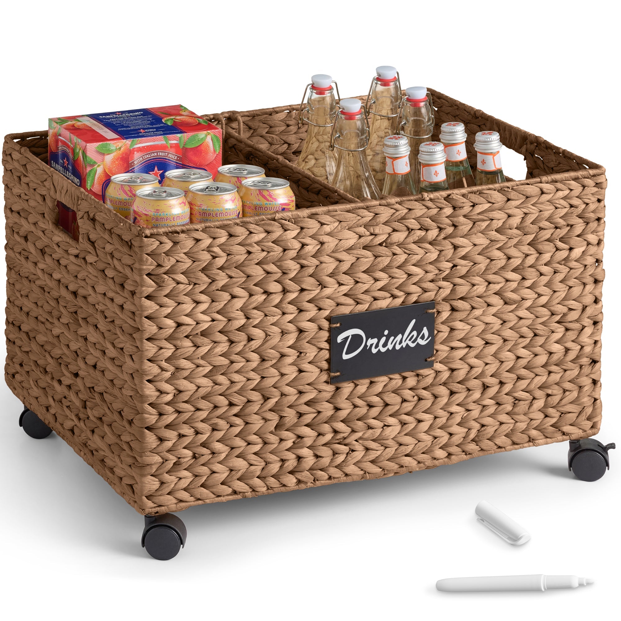 Rolling Pantry Storage Basket Organizer W/ Chalkboard Label, Handles, Removable Divider - Chestnut - Chestnut