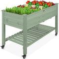 Mobile Raised Garden Bed Elevated Planter w/ Wheels, Shelf - 48x24x32in - Sage