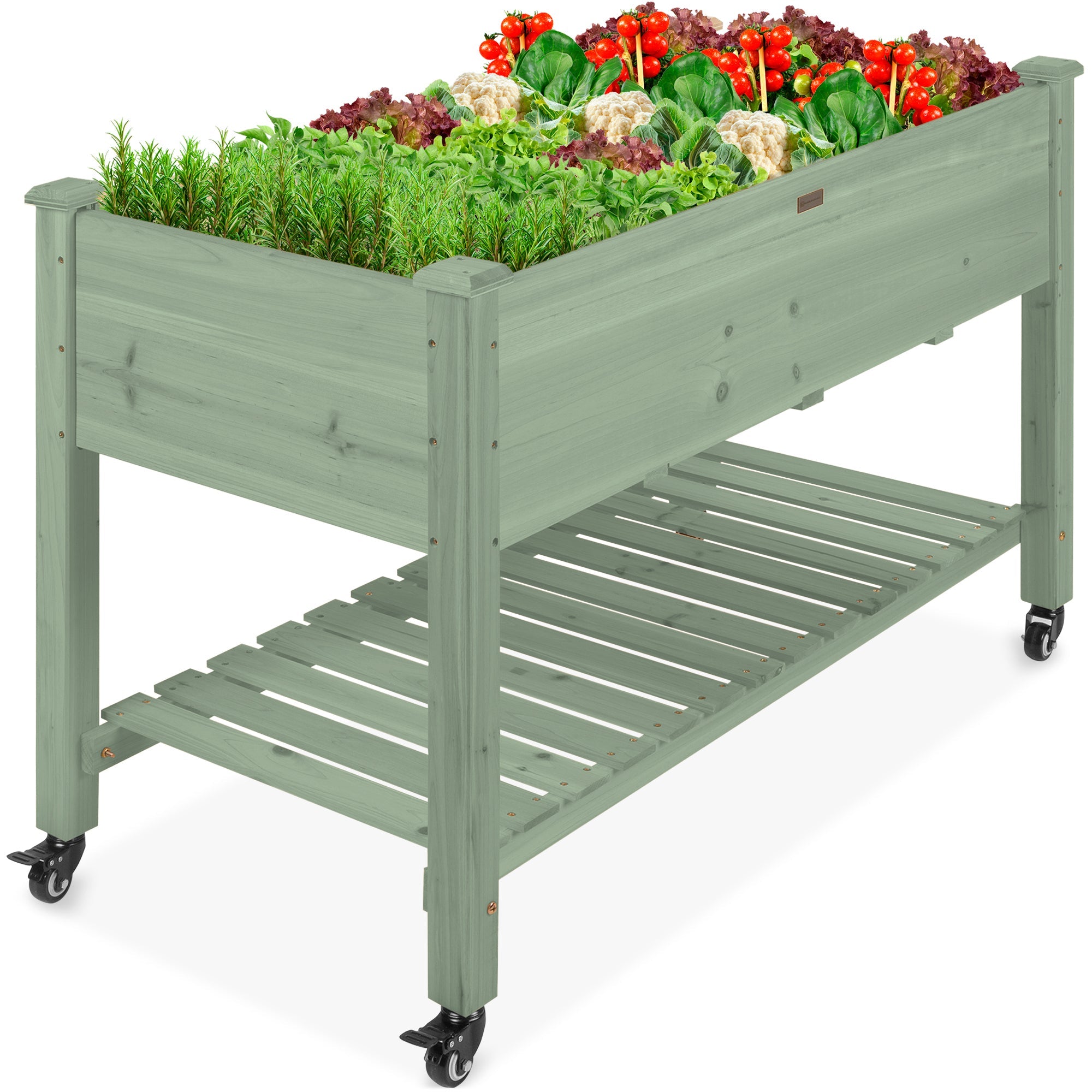 Mobile Raised Garden Bed Elevated Planter w/ Wheels, Shelf - 48x24x32in - Sage