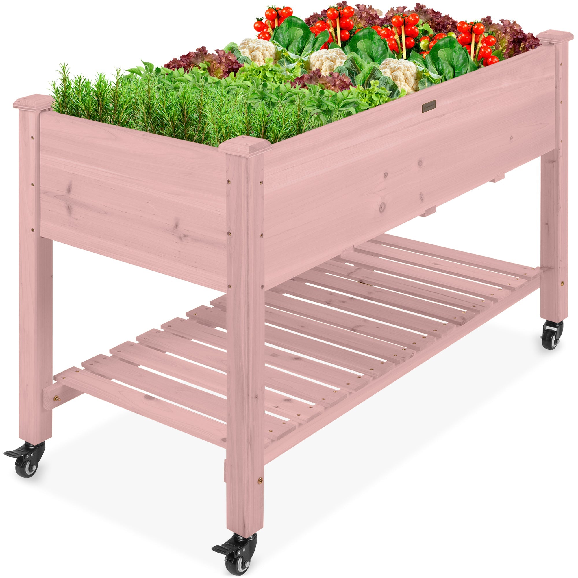 Mobile Raised Garden Bed Elevated Planter w/ Wheels, Shelf - 48x24x32in - Pink