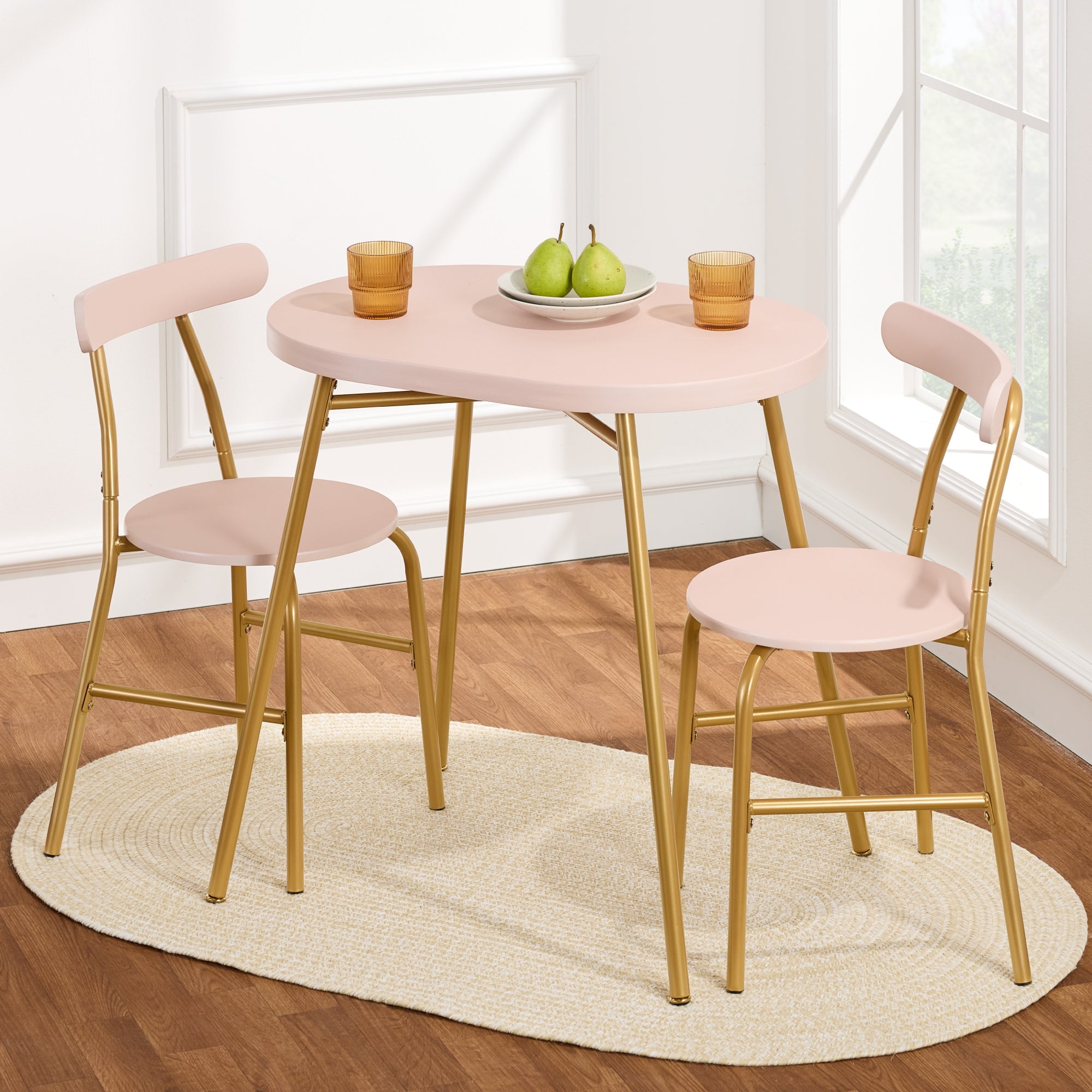 3-Piece Oval Dining Table Set, Small Kitchen Set w/ 2 Chairs - Pink & Gold