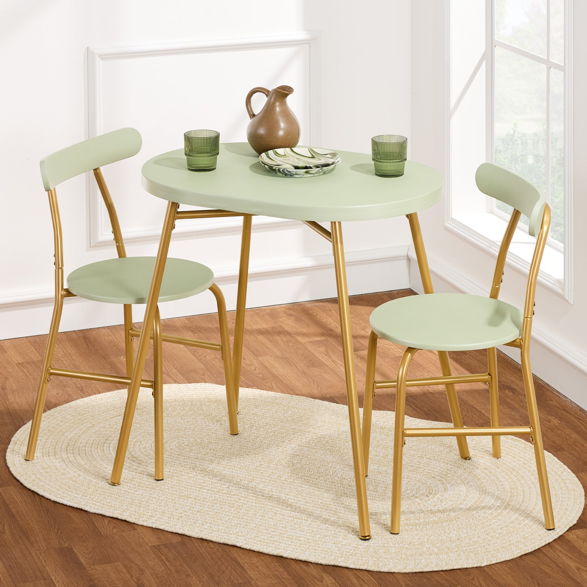 3-Piece Oval Dining Table Set, Small Kitchen Set w/ 2 Chairs - Sage Green & Gold