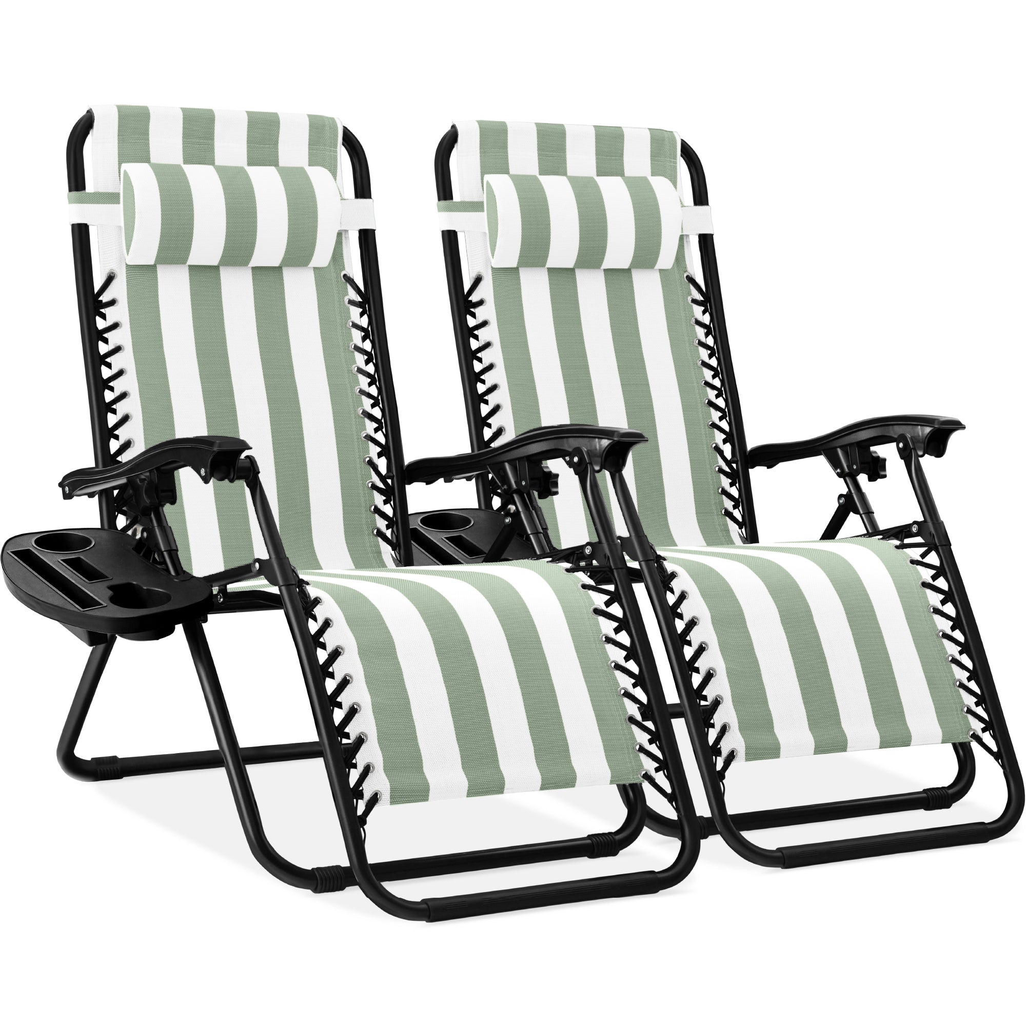 Set of 2 Adjustable Zero Gravity Patio Chair Recliners w/ Cup Holders - Sage Striped