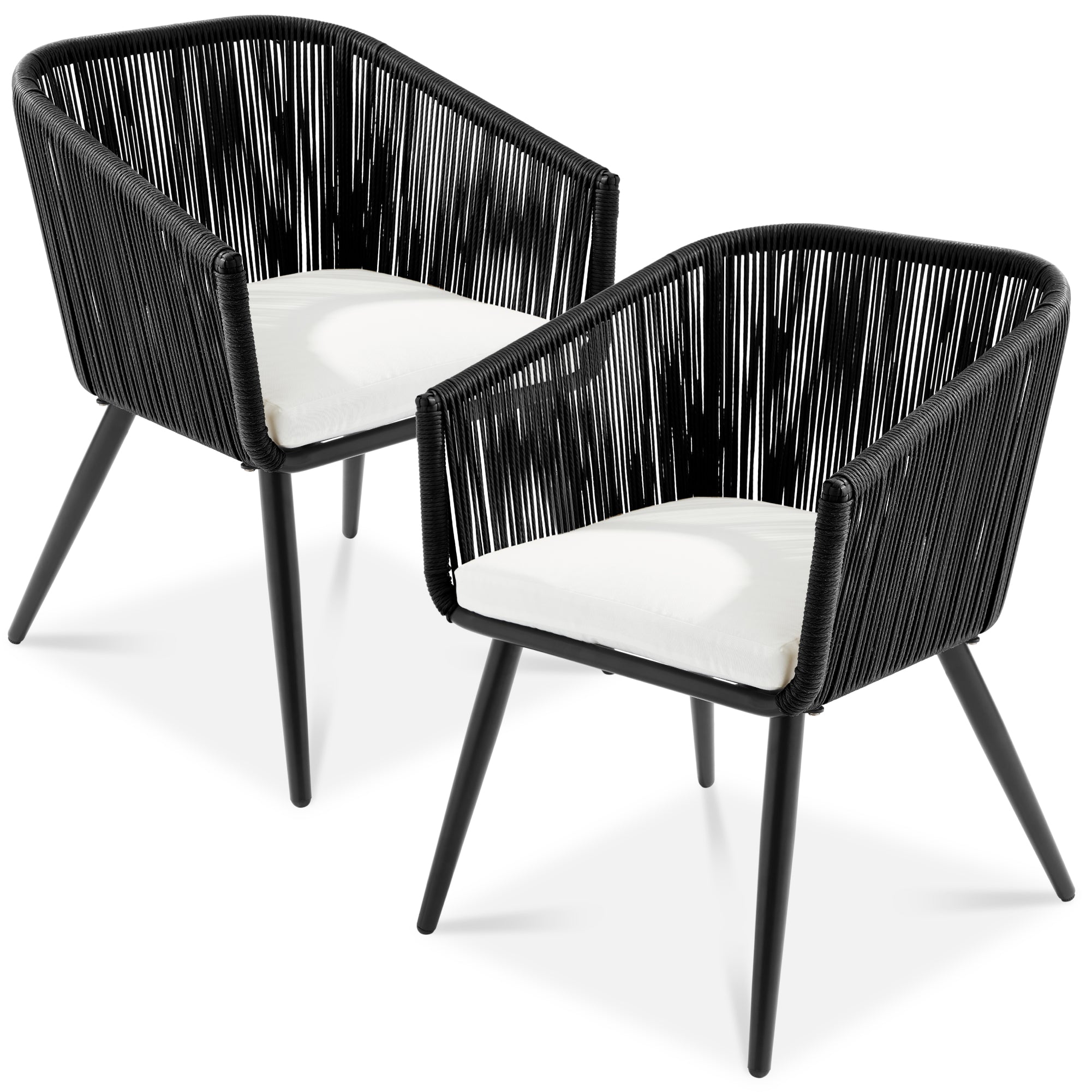 Set of 2 Outdoor Woven Wicker Patio Dining Chairs, 250lb Capacity - Black/Ivory