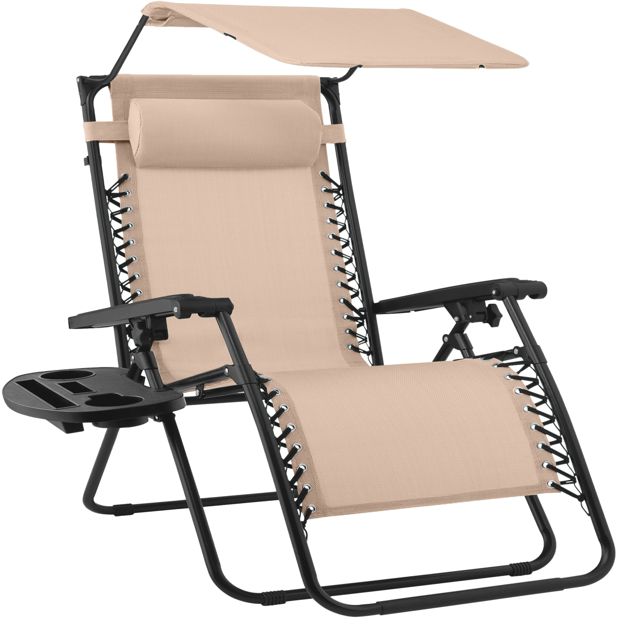 30" Wide Folding Zero Gravity Patio Lounge Chair w/Adjustable Canopy Shade - Beige
