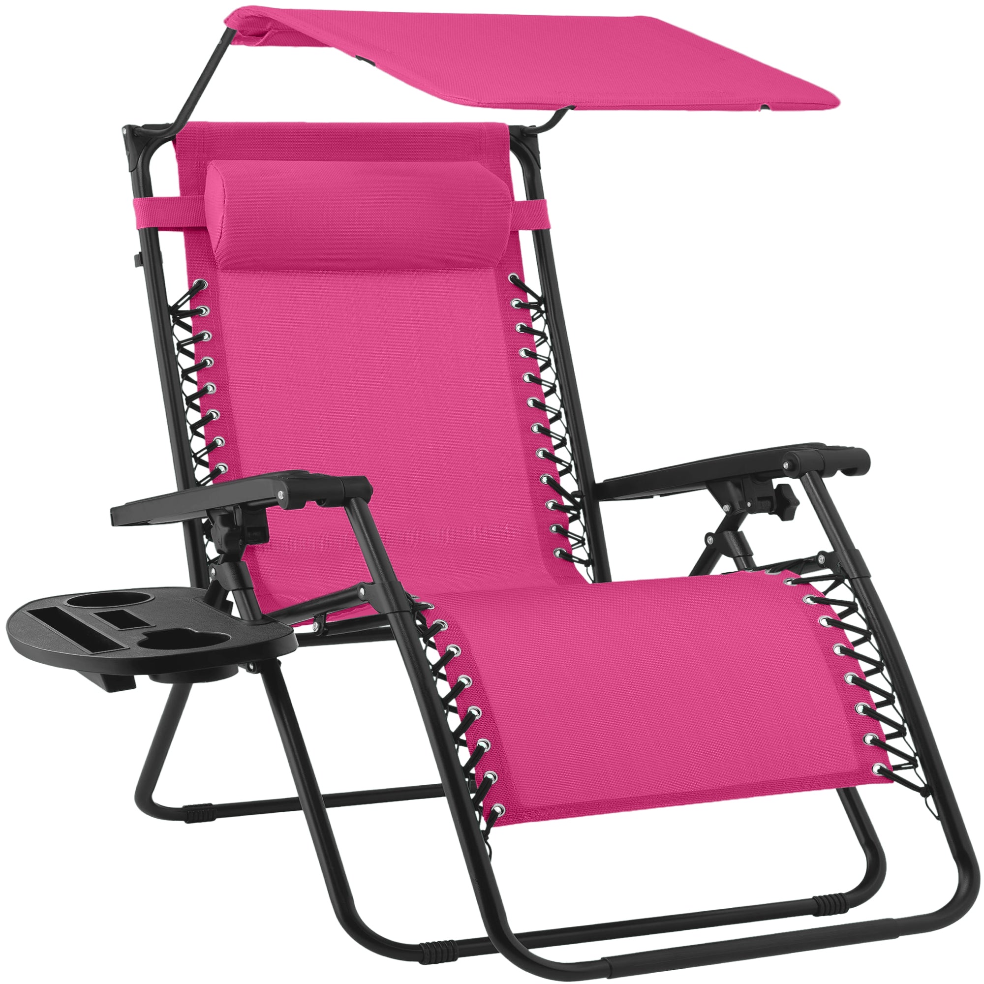 30" Wide Folding Zero Gravity Patio Lounge Chair w/Adjustable Canopy Shade - Hot Pink/Black