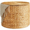 Large Round Storage Ottoman W/ Lid, Handwoven Water Hyacinth Footstool - Natural
