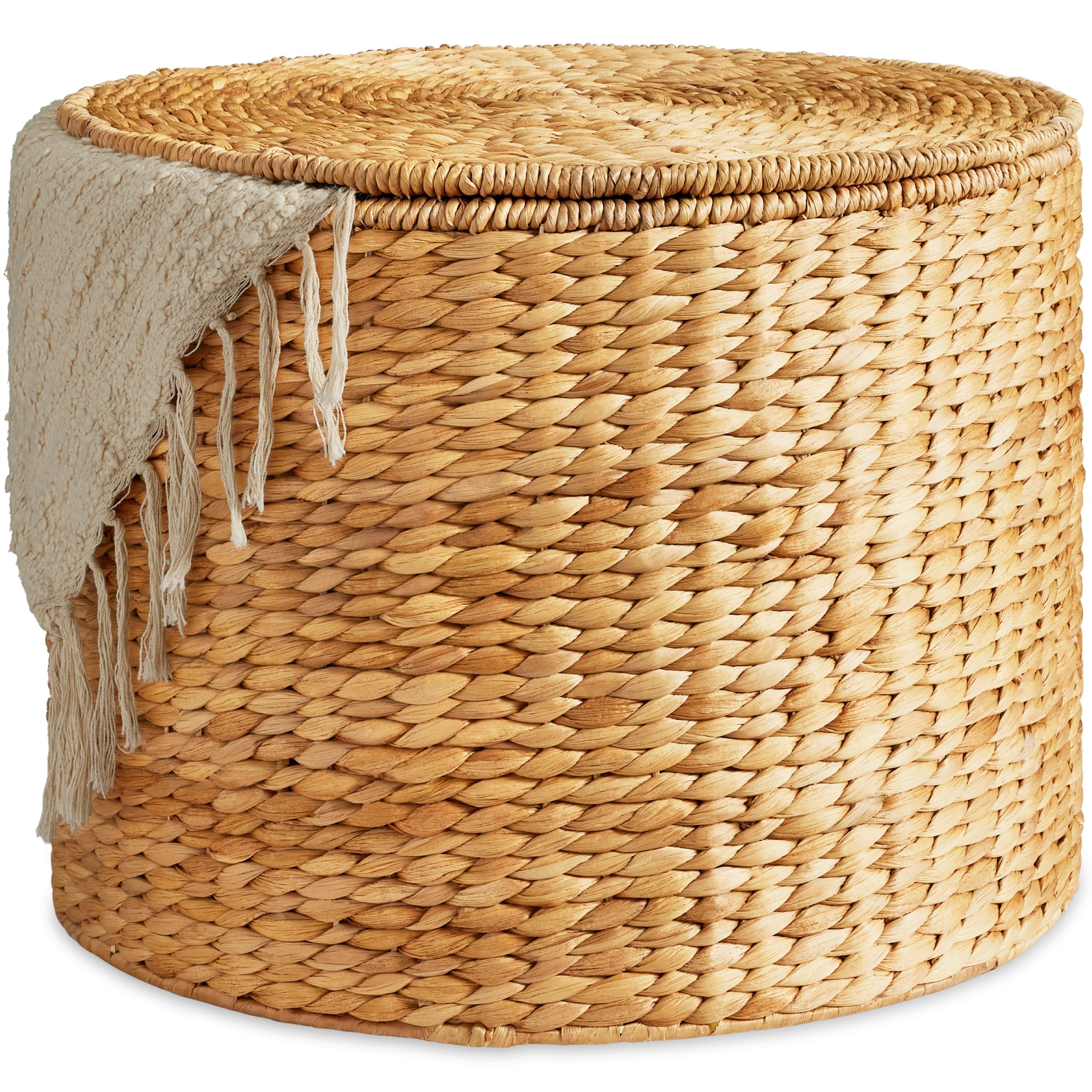 Large Round Storage Ottoman W/ Lid, Handwoven Water Hyacinth Footstool - Natural