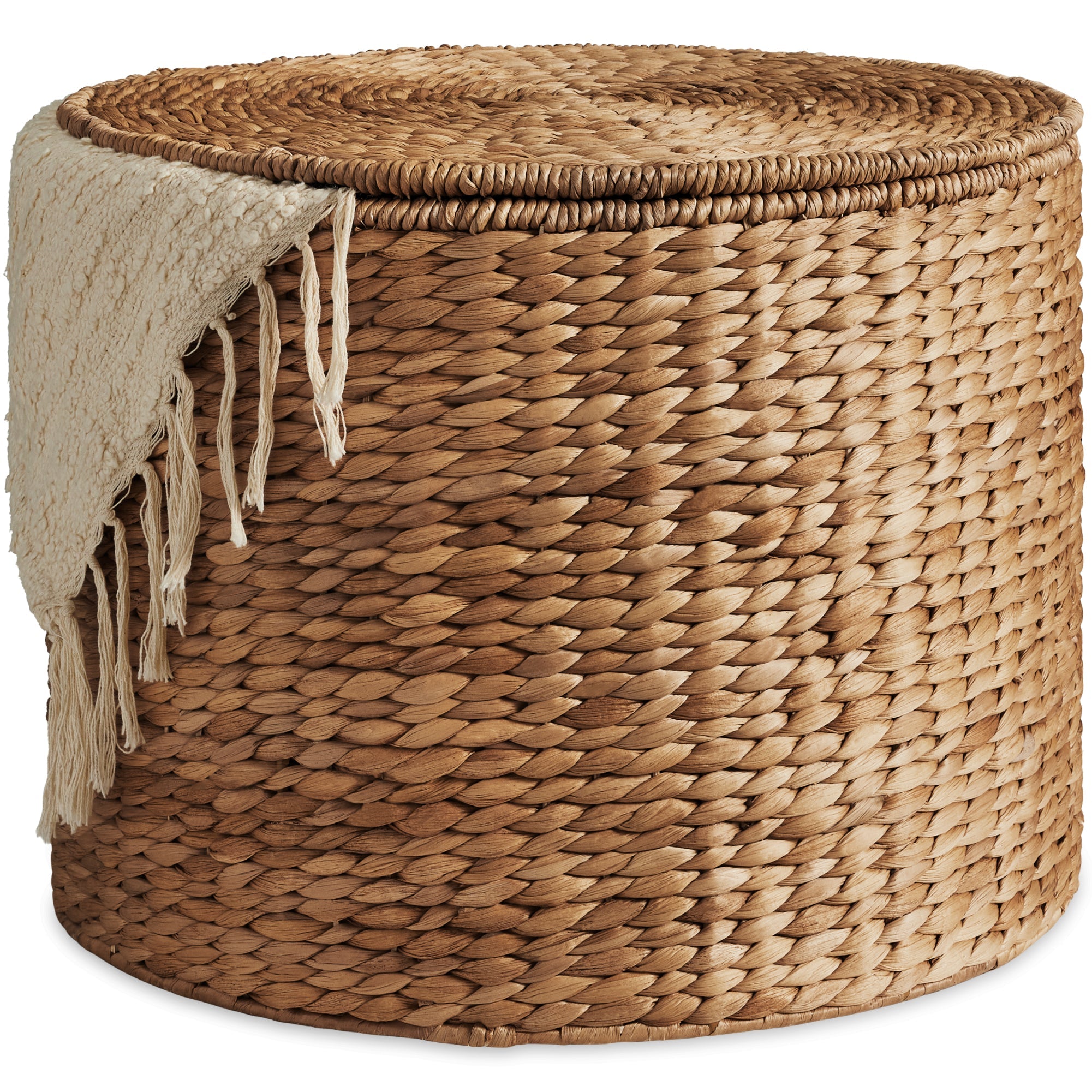 Large Round Storage Ottoman W/ Lid, Handwoven Water Hyacinth Footstool - Chestnut