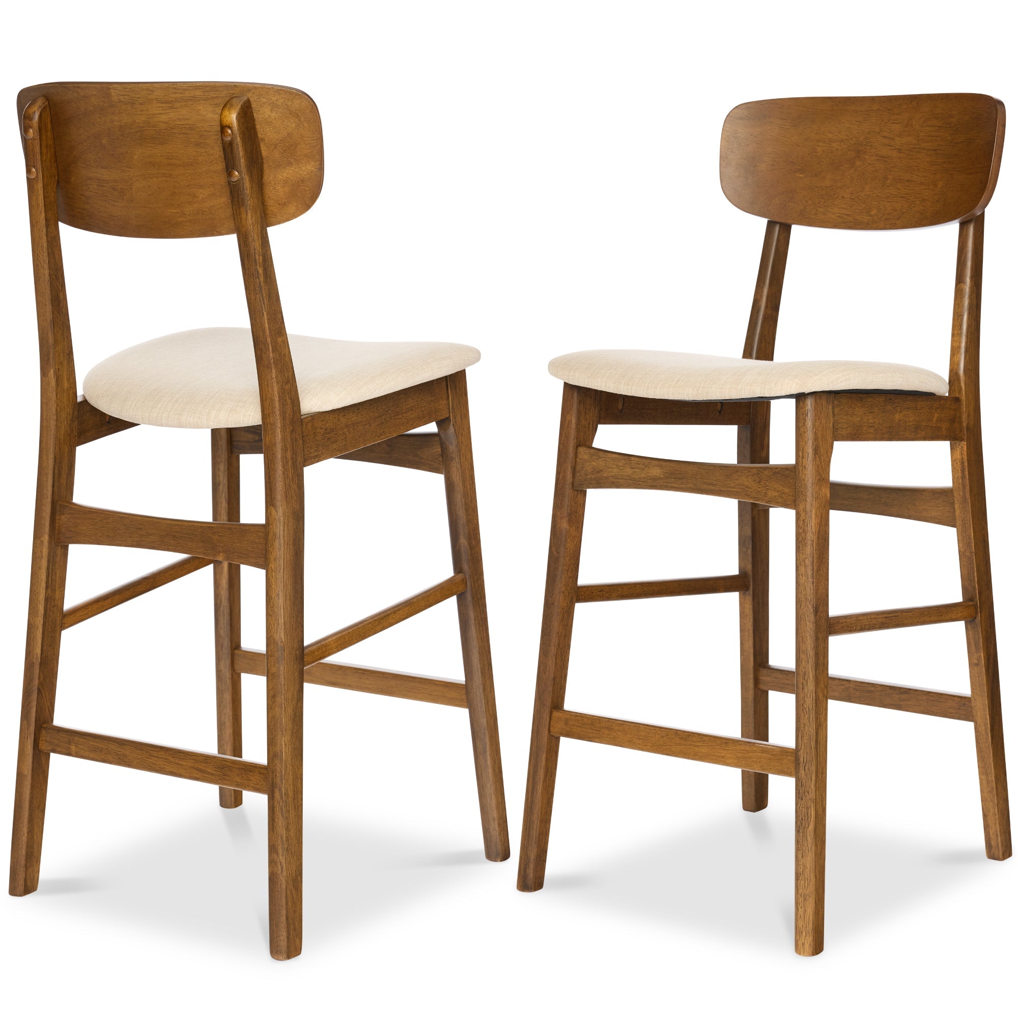 2-Piece Farmhouse Counter Height Bar Stool Set w/ Cushioned Seat, Backrest - Walnut Cream
