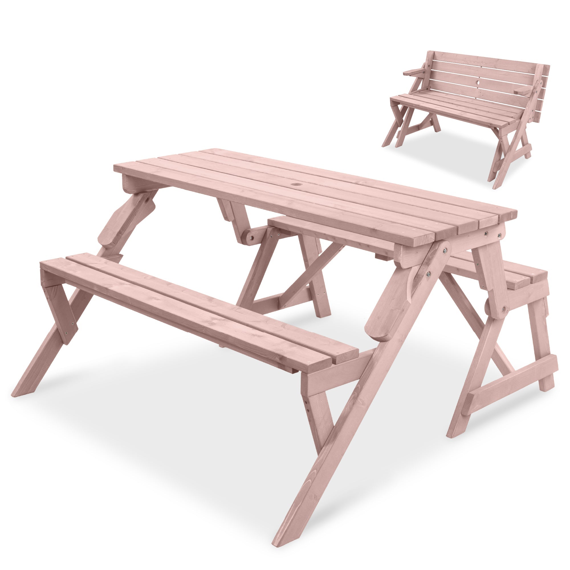 2-in-1 Outdoor Interchangeable Wooden Picnic Table/Garden Bench - Pink