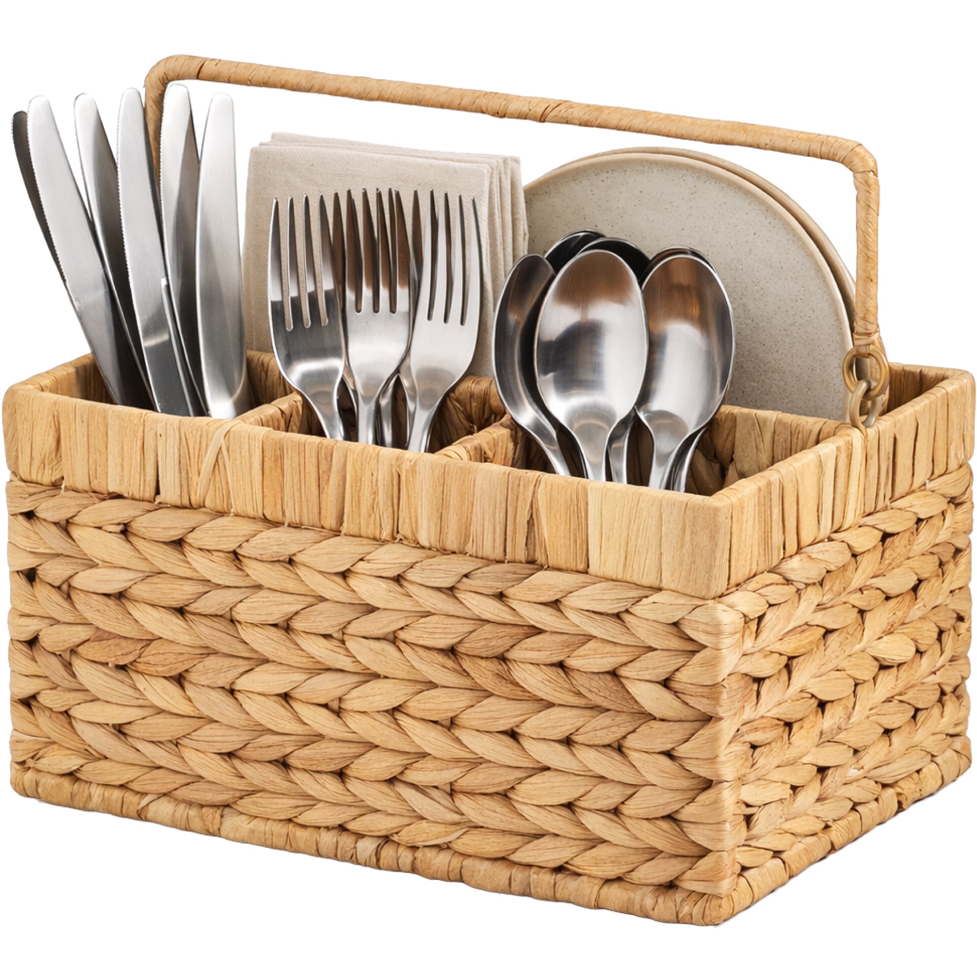 Utensil Caddy w/Handle - 4 Compartments, Woven Wicker Flatware Organizer - Natural