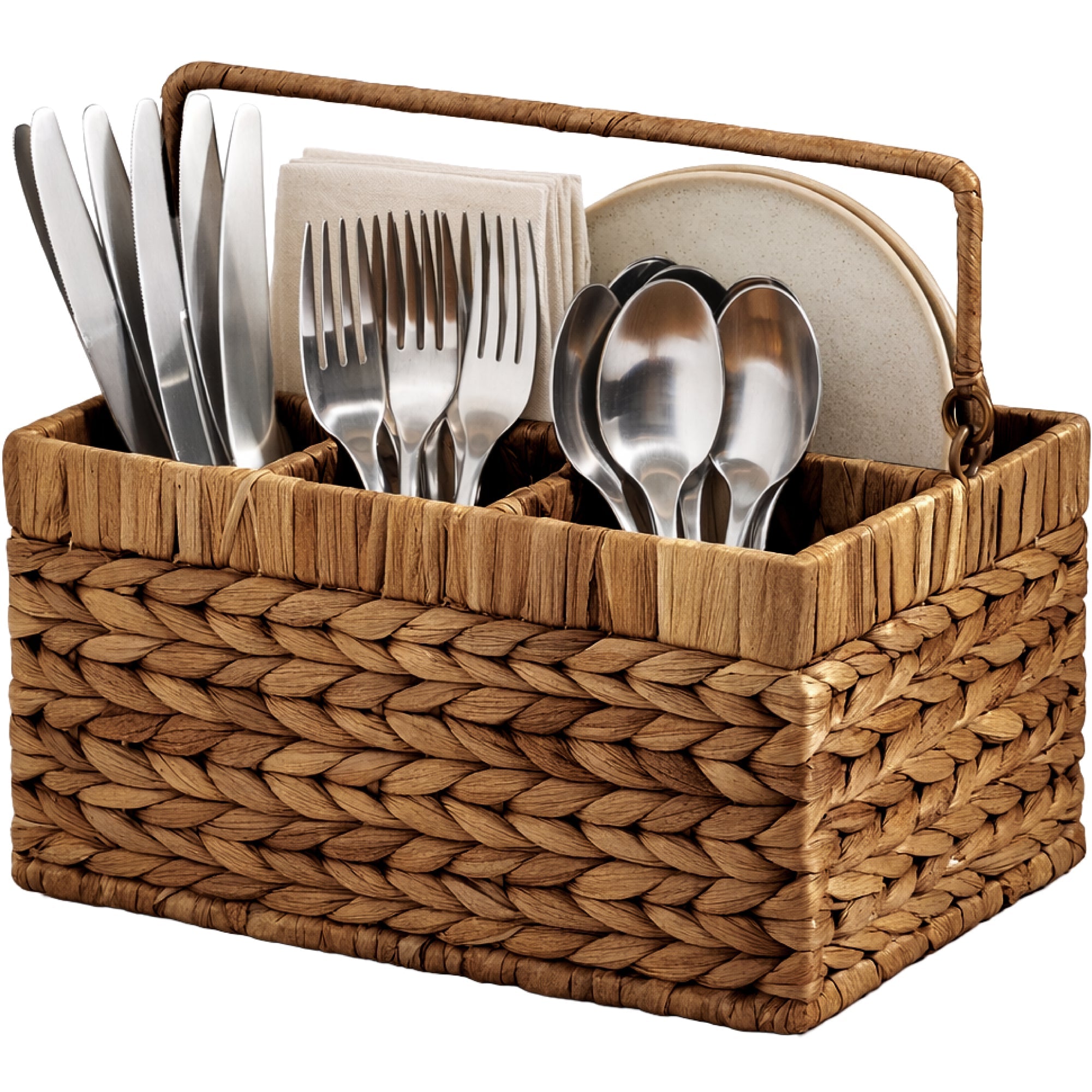 Utensil Caddy w/Handle - 4 Compartments, Woven Wicker Flatware Organizer - Chestnut