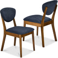 2-Piece Mid-Century Modern Wood &Upholstered Dining Chair Set - Walnut/Navy Blue