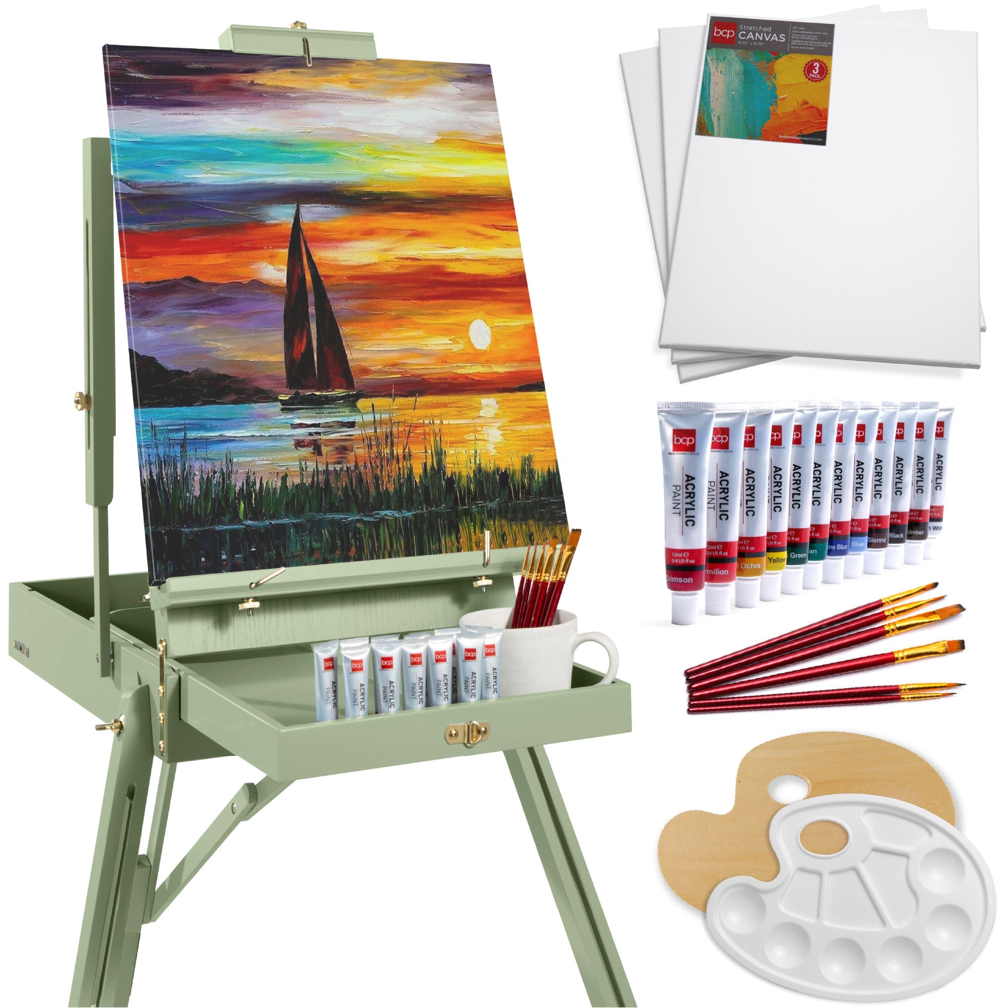 Portable Wooden French Easel w/ 32pc Beginners Kit - Sage Green