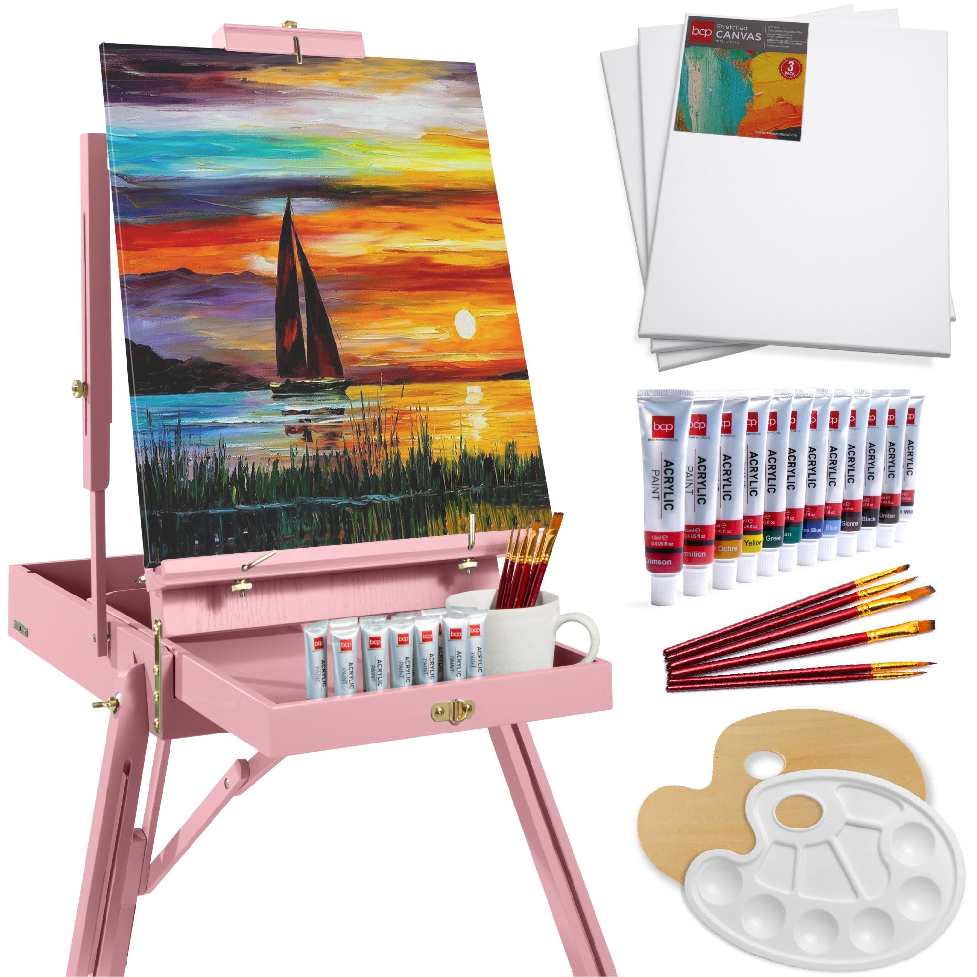 Portable Wooden French Easel w/ 32pc Beginners Kit - Pink