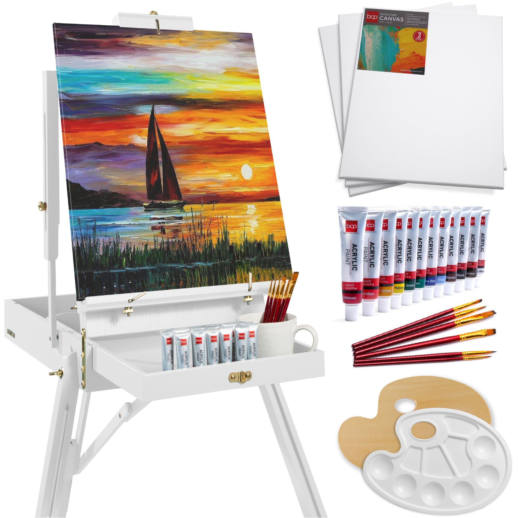 Portable Wooden French Easel w/ 32pc Beginners Kit - White