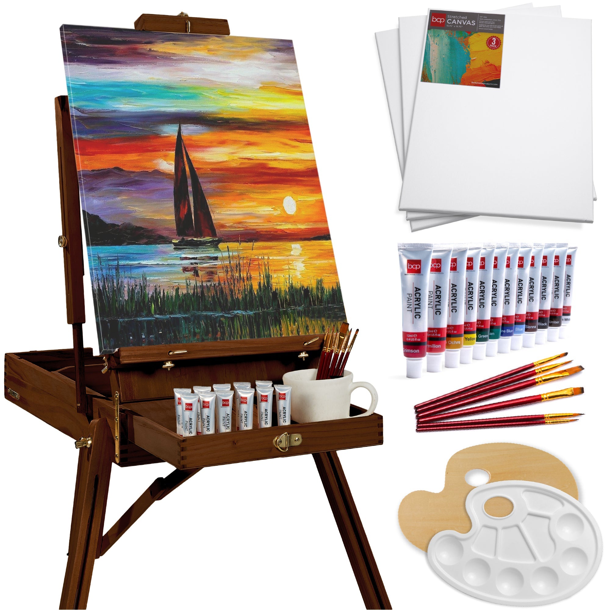 Portable Wooden French Easel w/ 32pc Beginners Kit - Walnut