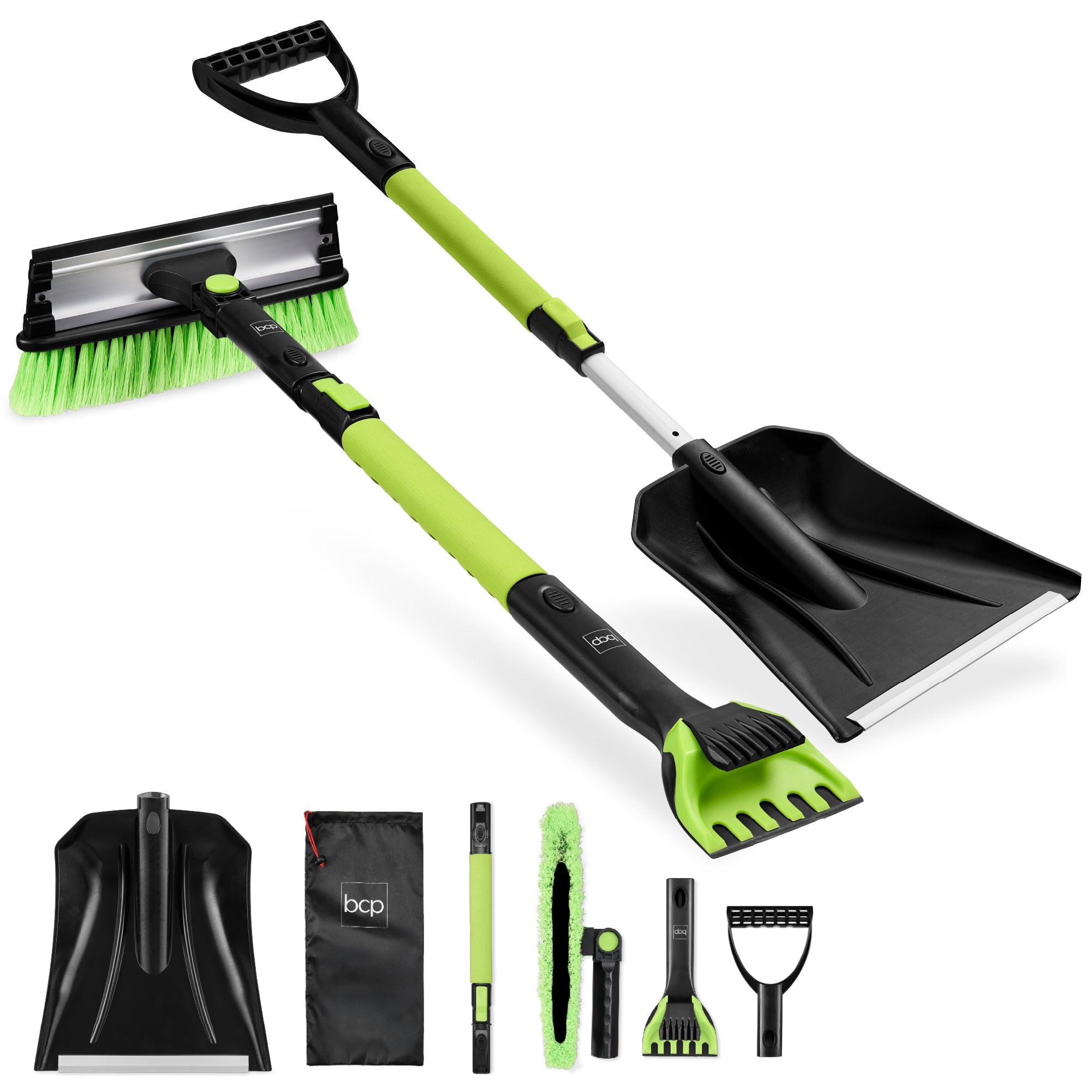 4 in 1 Snow Brush with Shovel, Ice Scraper & Squeegee w/Storage Bag - Lime
