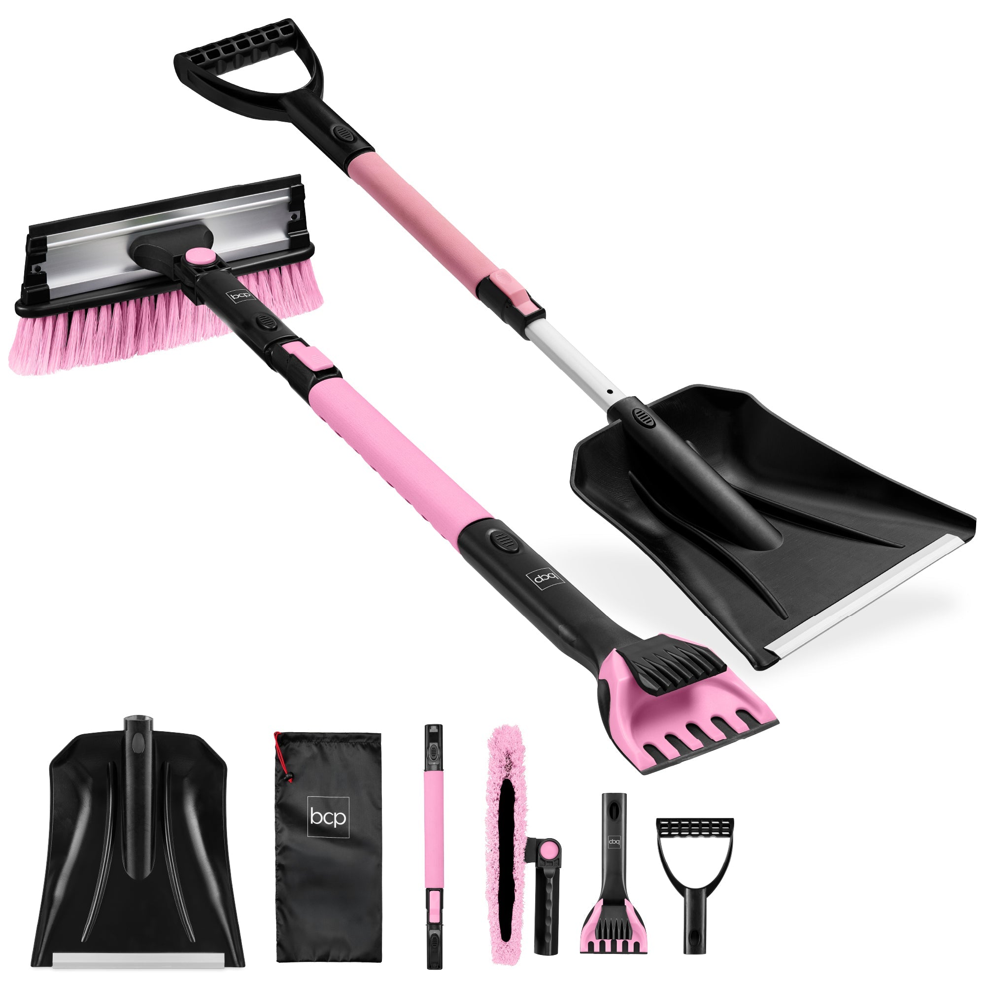 4 in 1 Snow Brush with Shovel, Ice Scraper & Squeegee w/Storage Bag - Pink