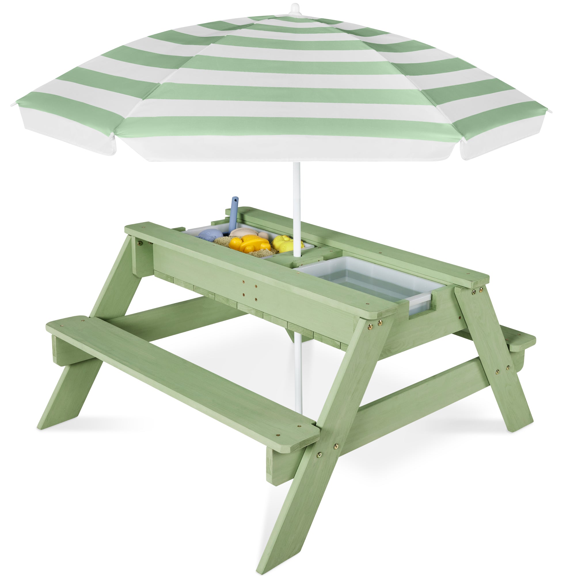 3-in-1 Kids Sand & Water Table Outdoor Wood Picnic Table w/ Umbrella - Sage