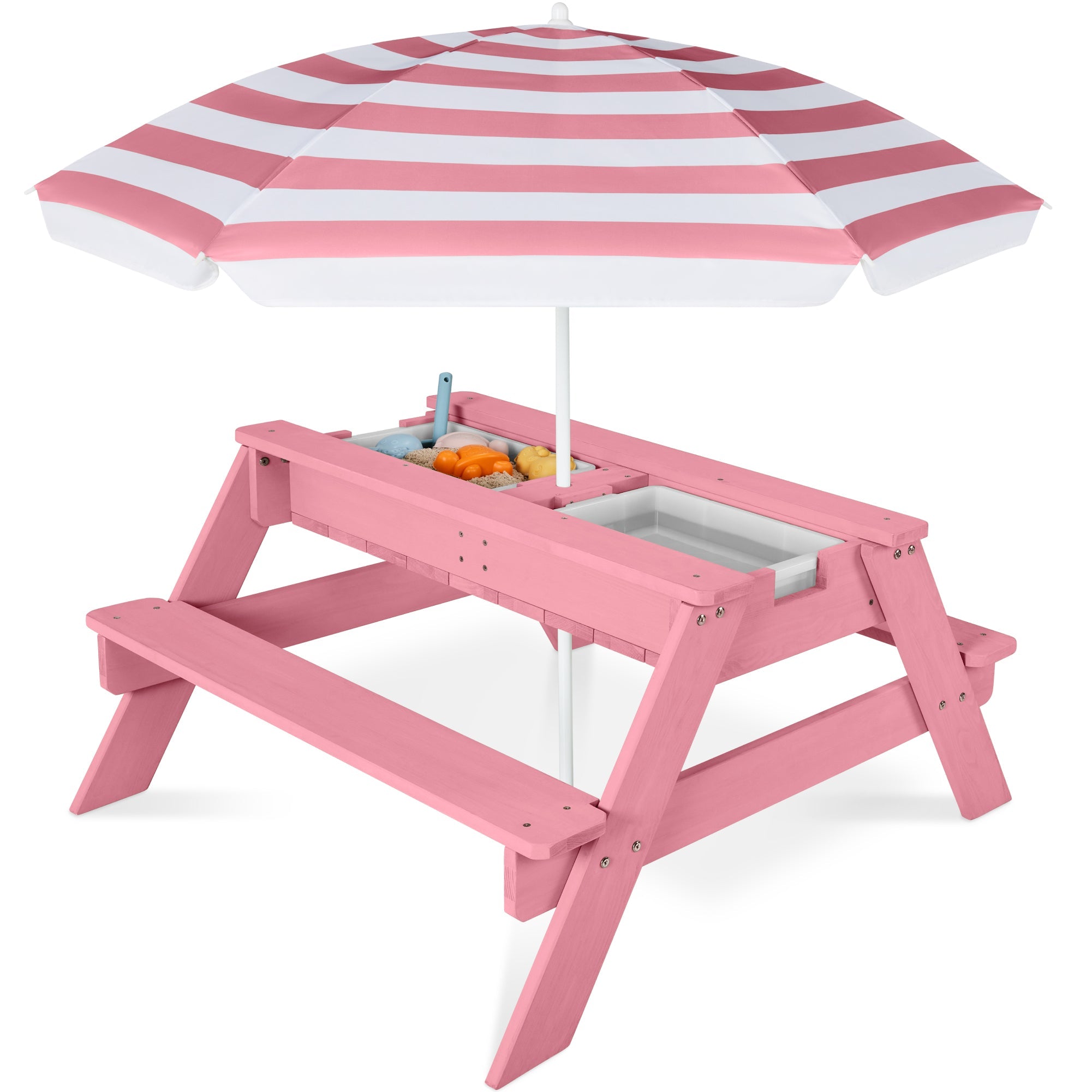 3-in-1 Kids Sand & Water Table Outdoor Wood Picnic Table w/ Umbrella - Pink