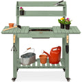 Wood Garden Potting Bench w/ Sliding Tabletop, Food Grade Dry Sink, Wheels