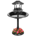Solar Lighted Outdoor Pedestal Bird Bath w/ Planter, Decorative Bird Cage