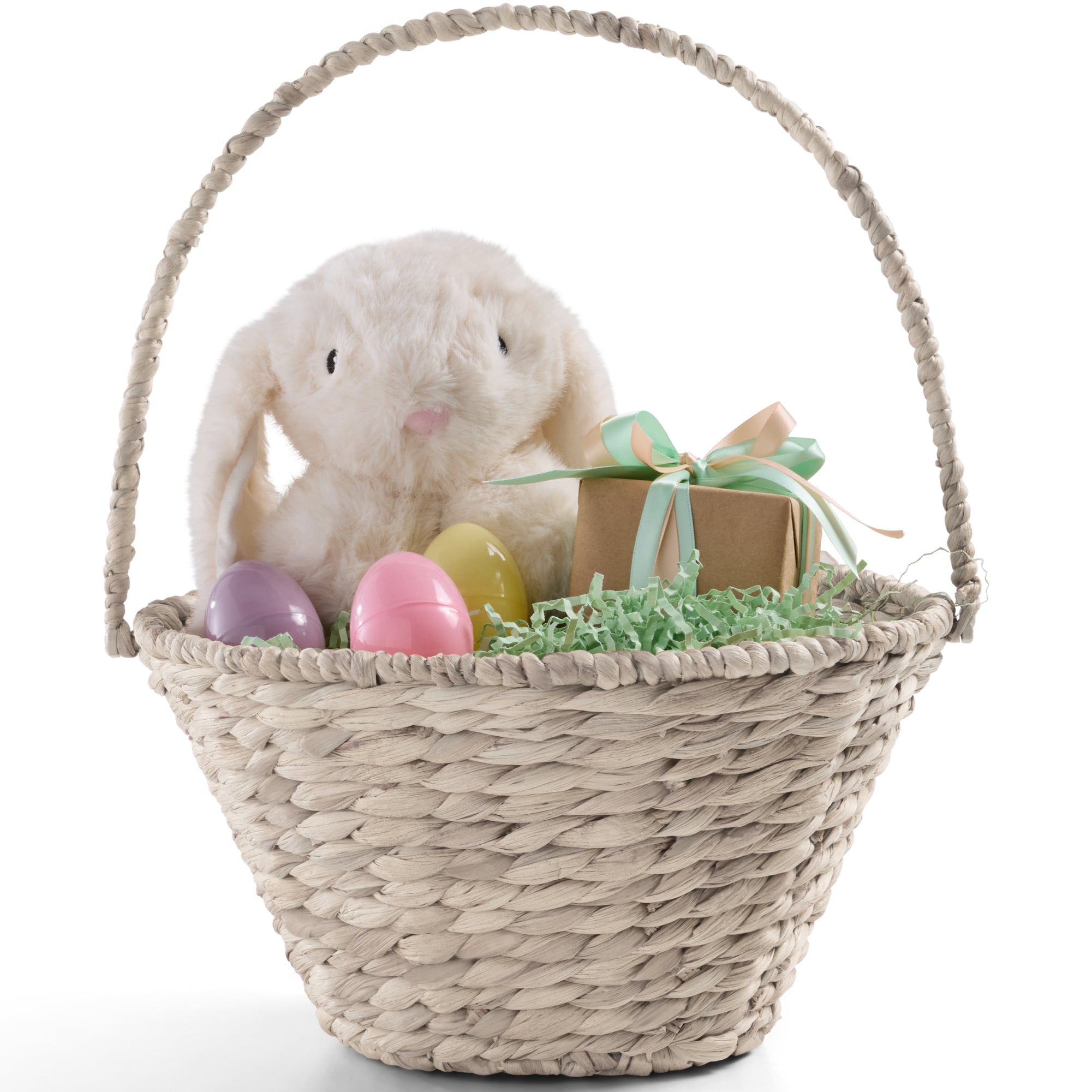 Easter Basket, Small Woven Easter Basket for Kids w/ Collapsible Handle - White
