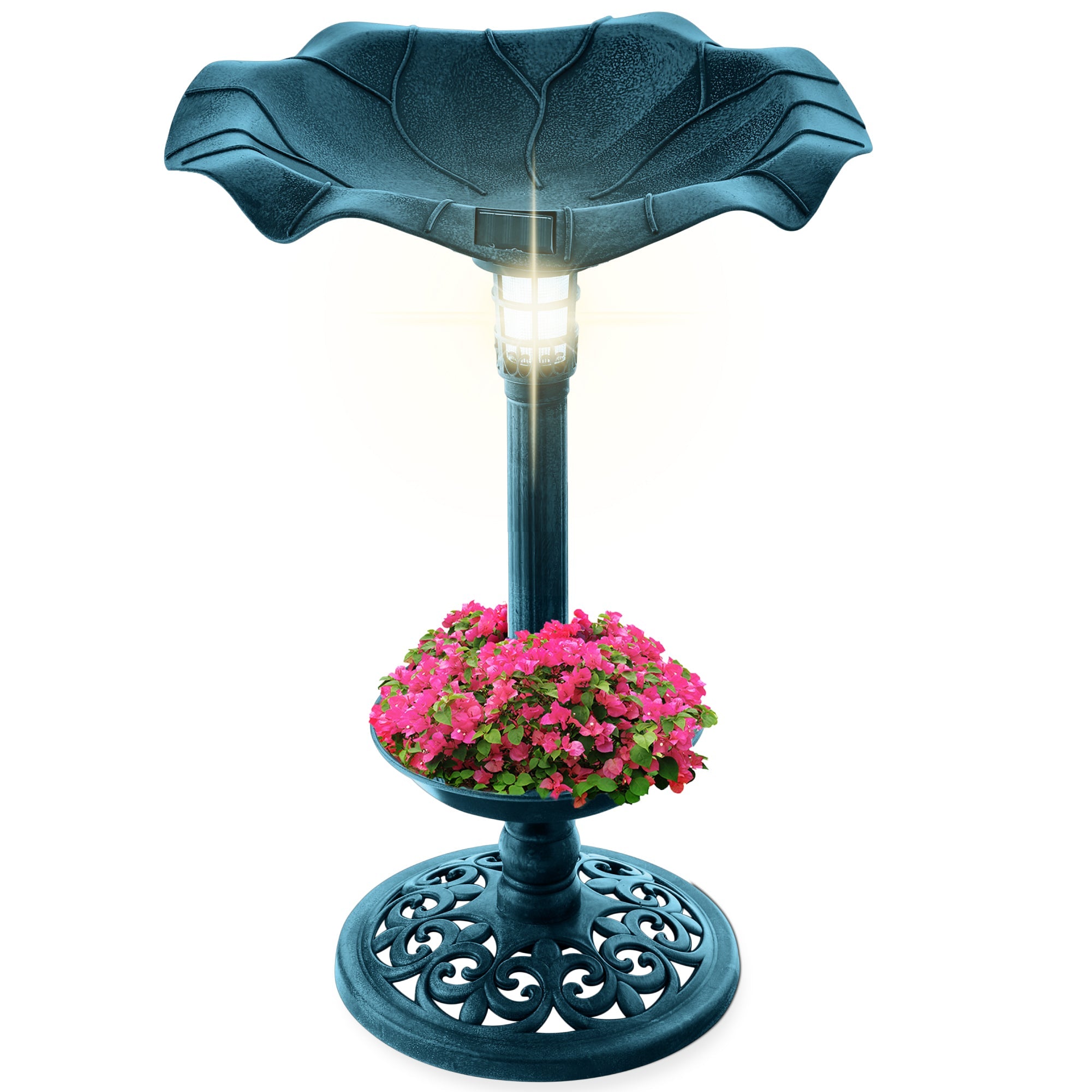 Solar Lighted Bird Bath w/ Planter - Peacock Blue