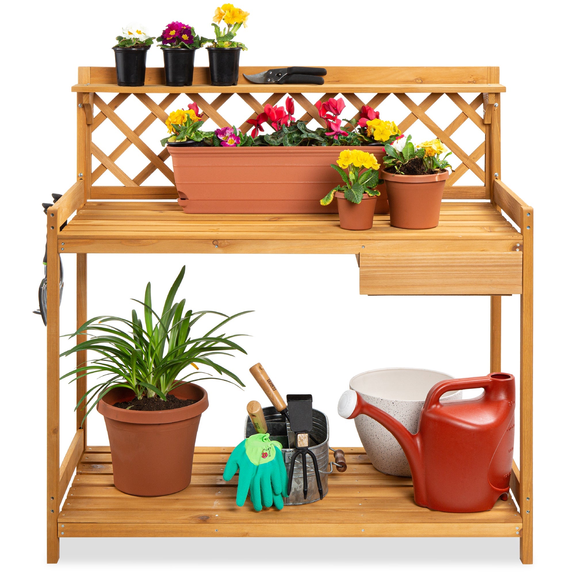 Wooden Garden Potting Bench Workstation w/ Cabinet Drawer, Open Shelf - Natural