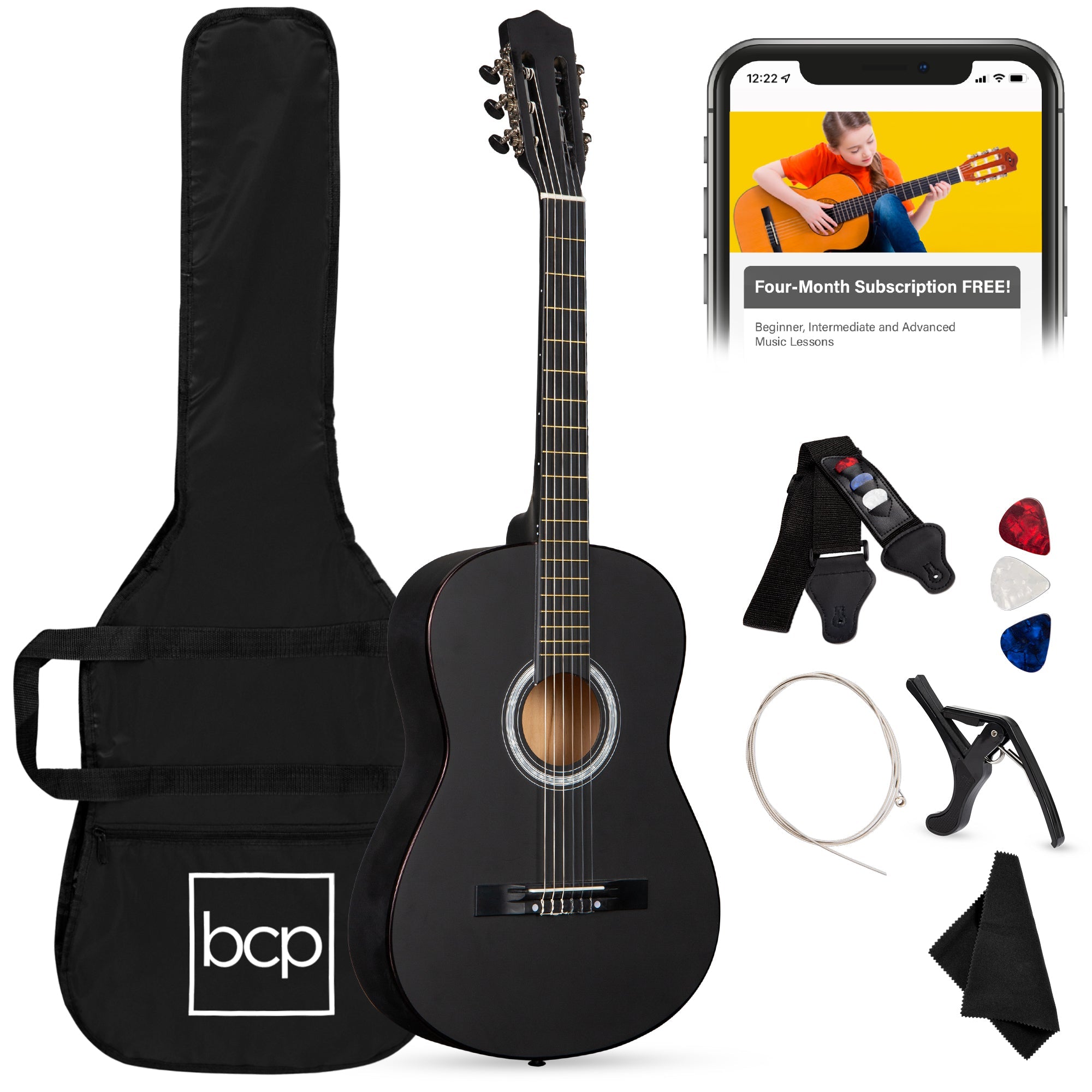 Beginner Acoustic Guitar Set w/ Case, Strap, Extra Strings - 38in - Black