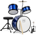 Kids Beginner 3-Piece Drum, Musical Instrument Set w/ Sticks, Stool, Pedal - Blue