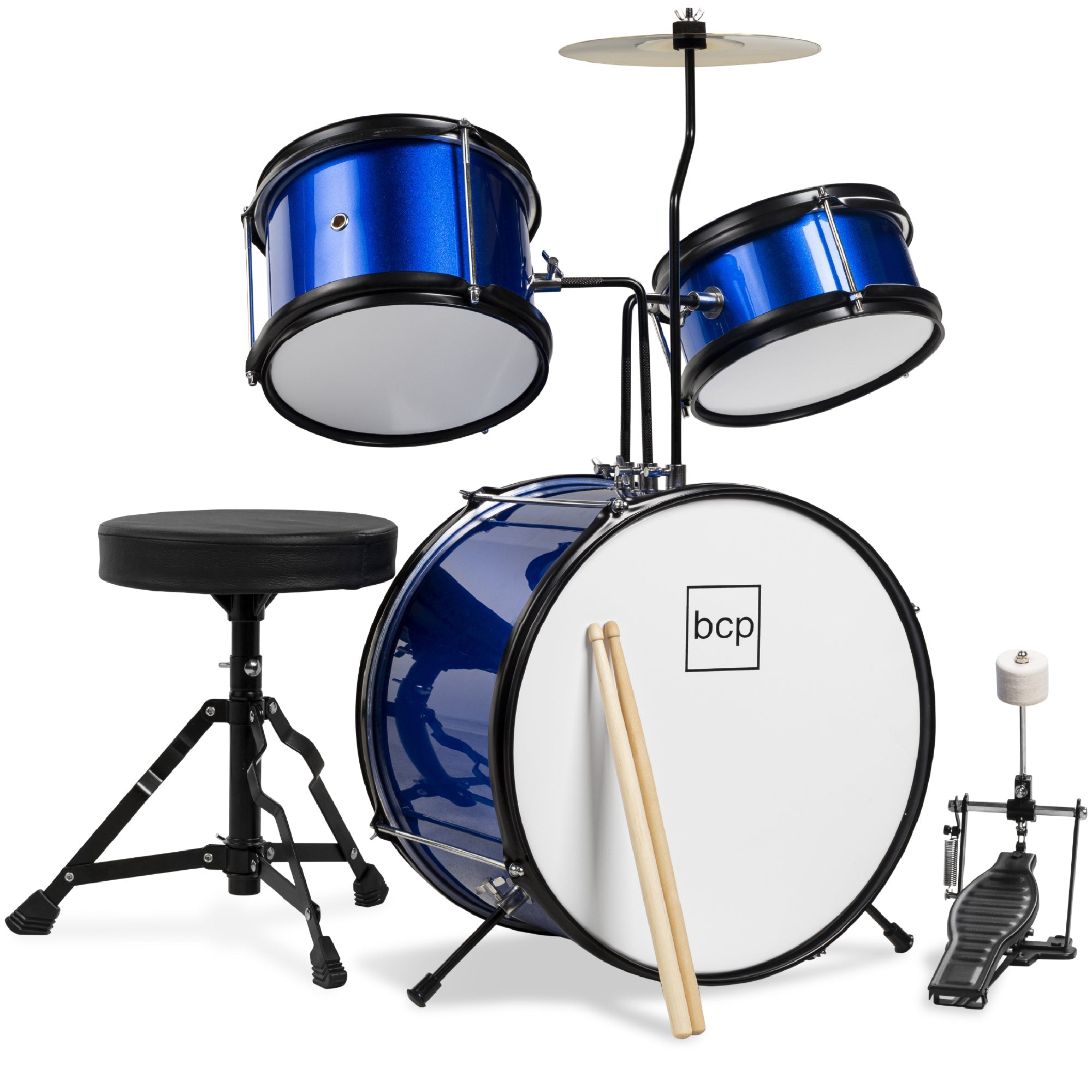 Kids Beginner 3-Piece Drum, Musical Instrument Set w/ Sticks, Stool, Pedal - Blue