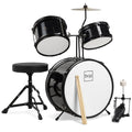 Kids Beginner 3-Piece Drum, Musical Instrument Set w/ Sticks, Stool, Pedal - Black