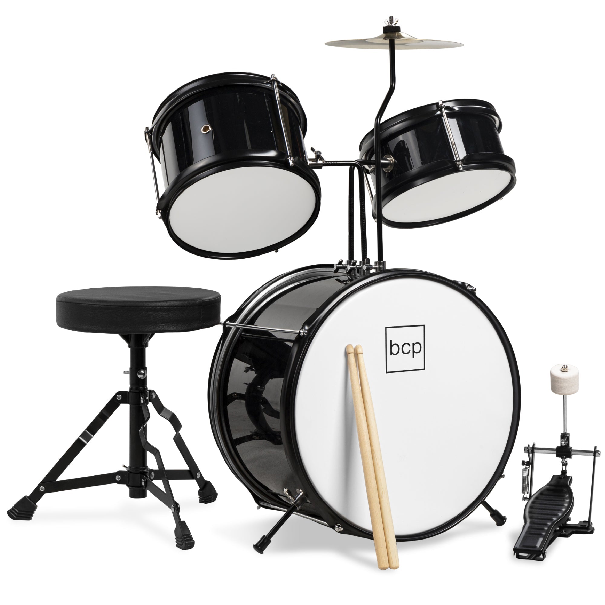 Kids Beginner 3-Piece Drum, Musical Instrument Set w/ Sticks, Stool, Pedal - Black