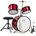Kids Beginner 3-Piece Drum, Musical Instrument Set w/ Sticks, Stool, Pedal - Red