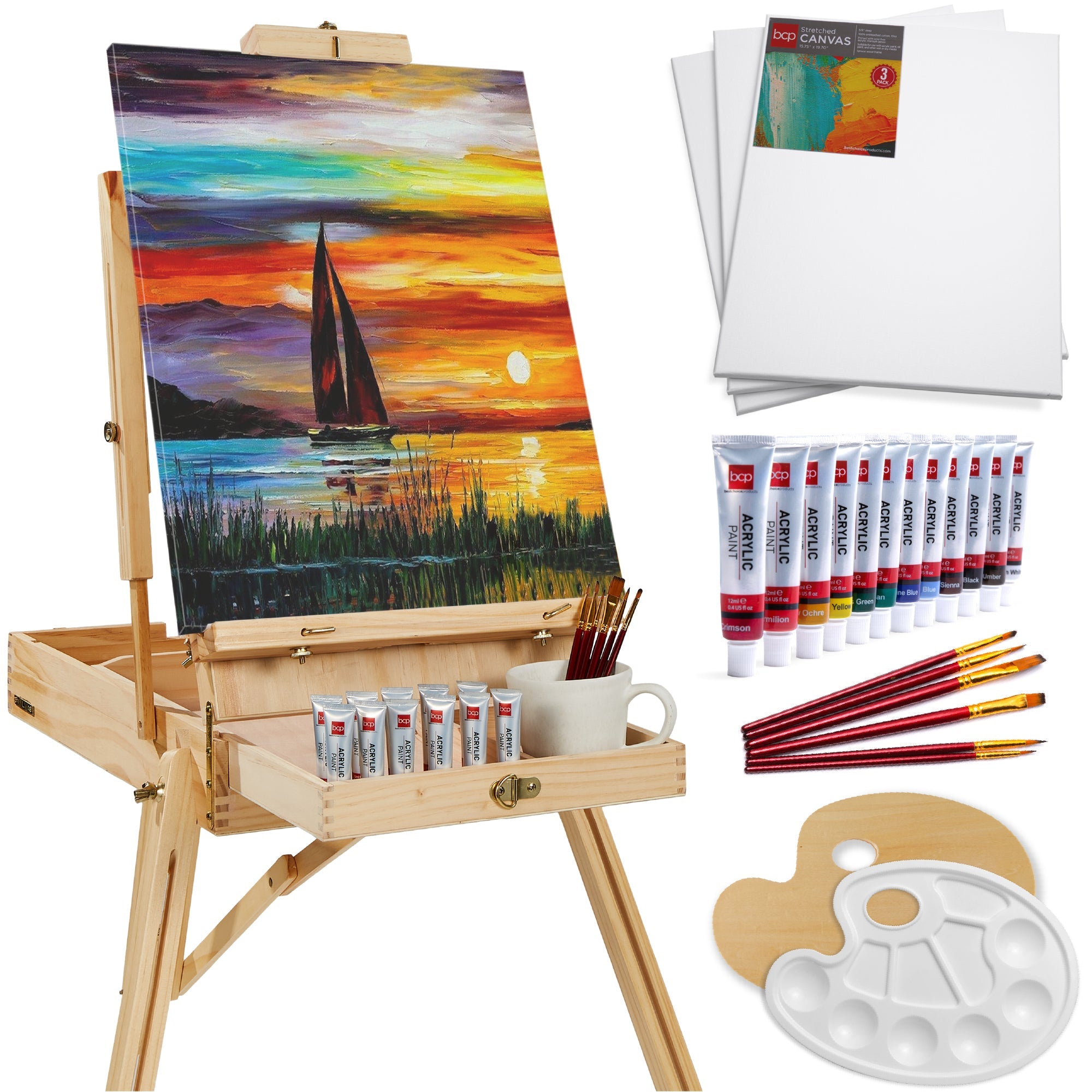 Portable Wooden French Easel w/ 32pc Beginners Kit - Natural