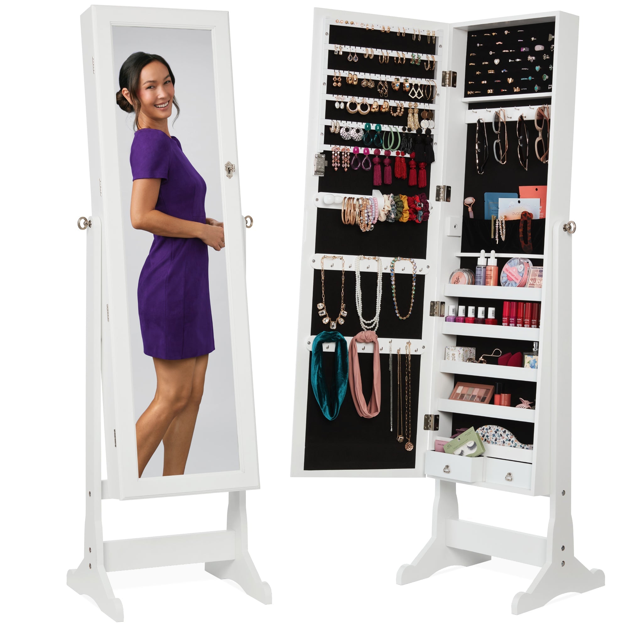Full Length Freestanding Jewelry Mirror Armoire w/ Velvet Interior - White