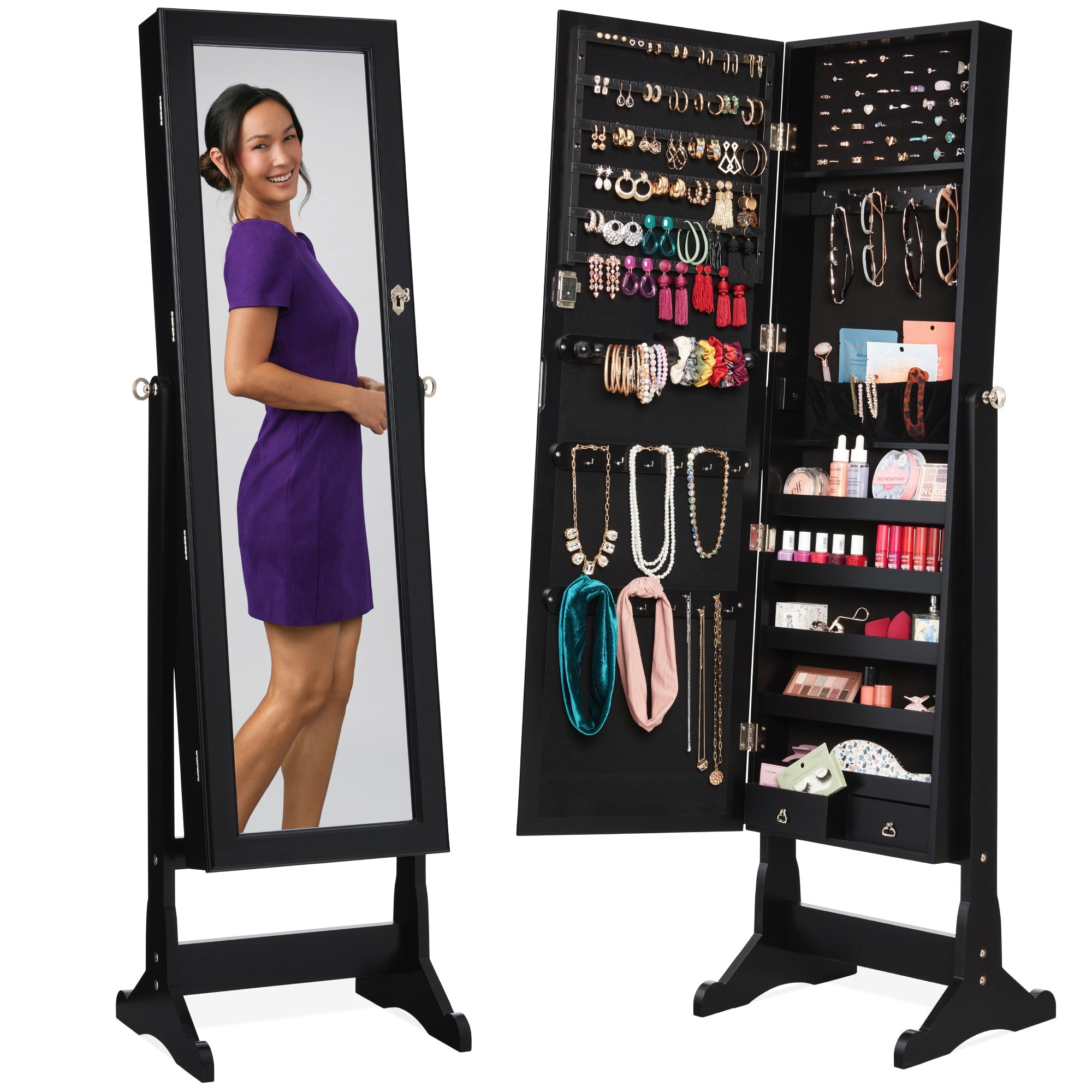 Full Length Freestanding Jewelry Mirror Armoire w/ Velvet Interior - Black