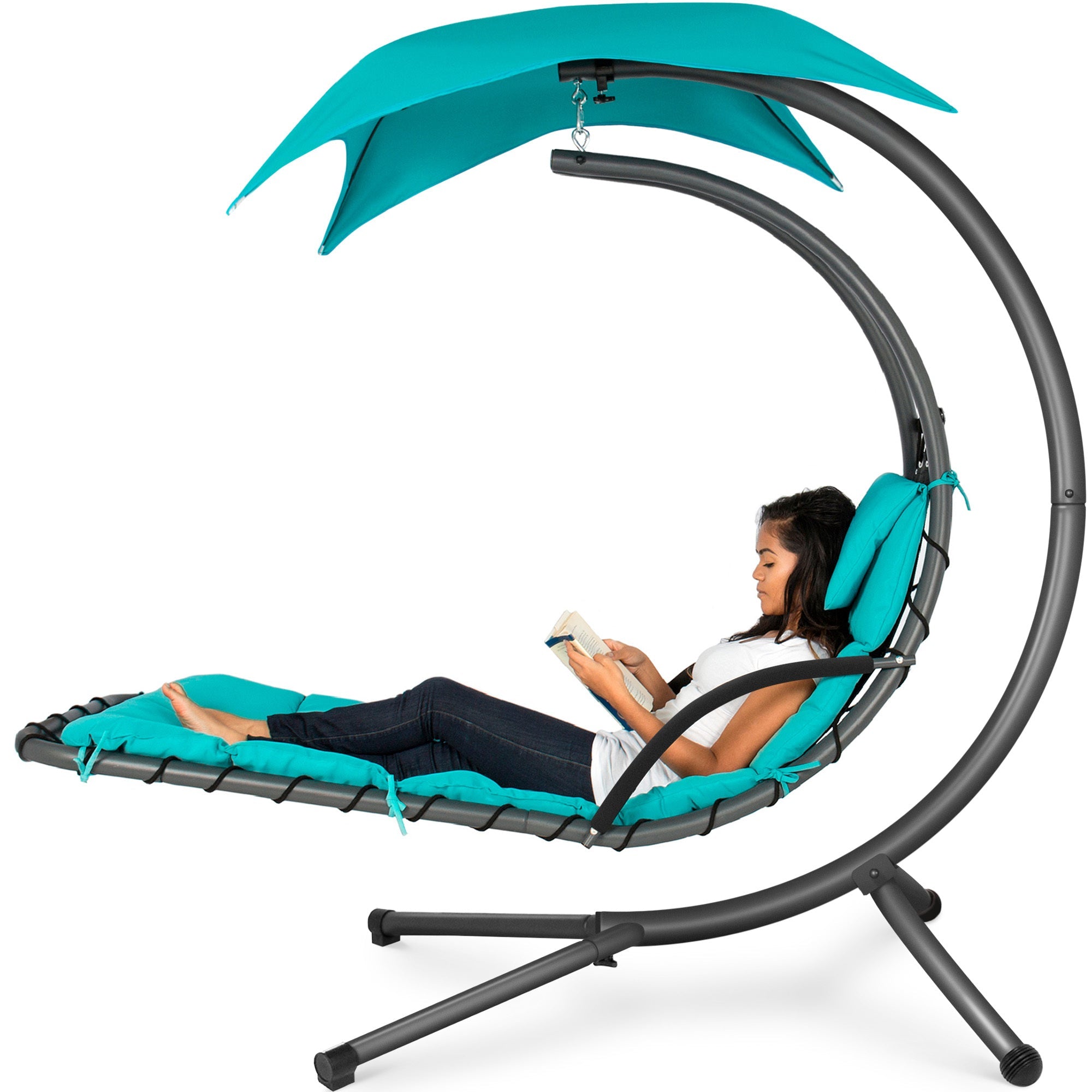 Hanging Curved Chaise Lounge Chair w/ Built-In Pillow, Removable Canopy - Blue