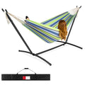 2-Person Brazilian-Style Double Hammock w/ Carrying Bag and Steel Stand - Blue Green Stripe
