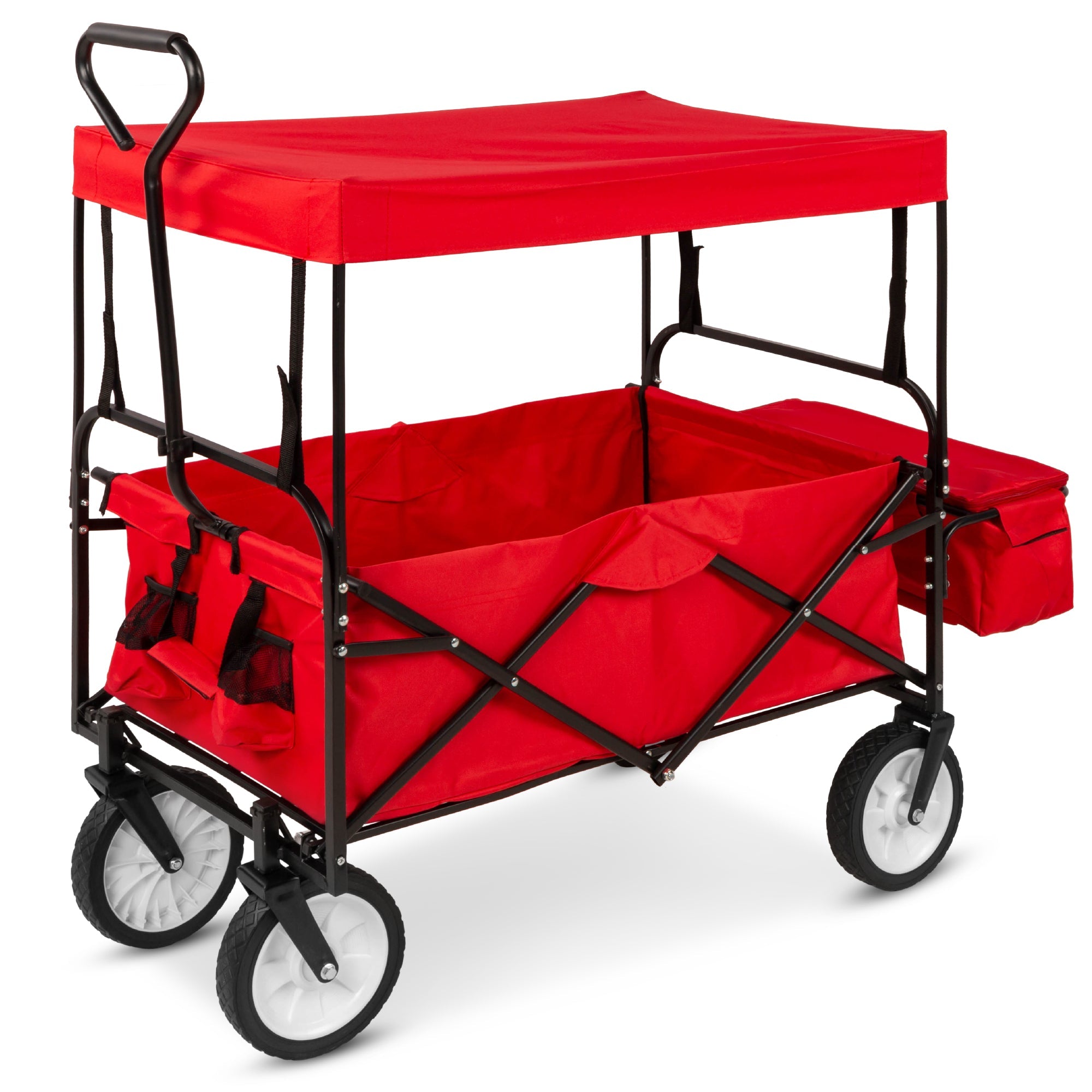Utility Wagon Cart w/ Folding Design, 2 Cup Holders, Removable Canopy - Red