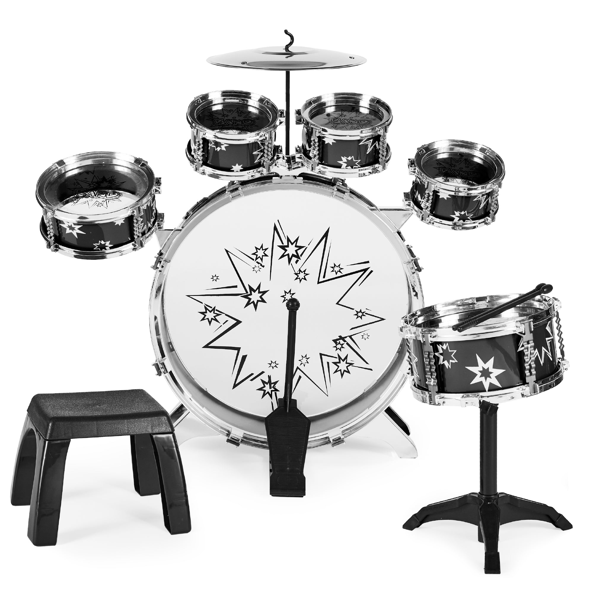 11-Piece Kids Beginner Drum Percussion Musical Instrument Toy Set - Black